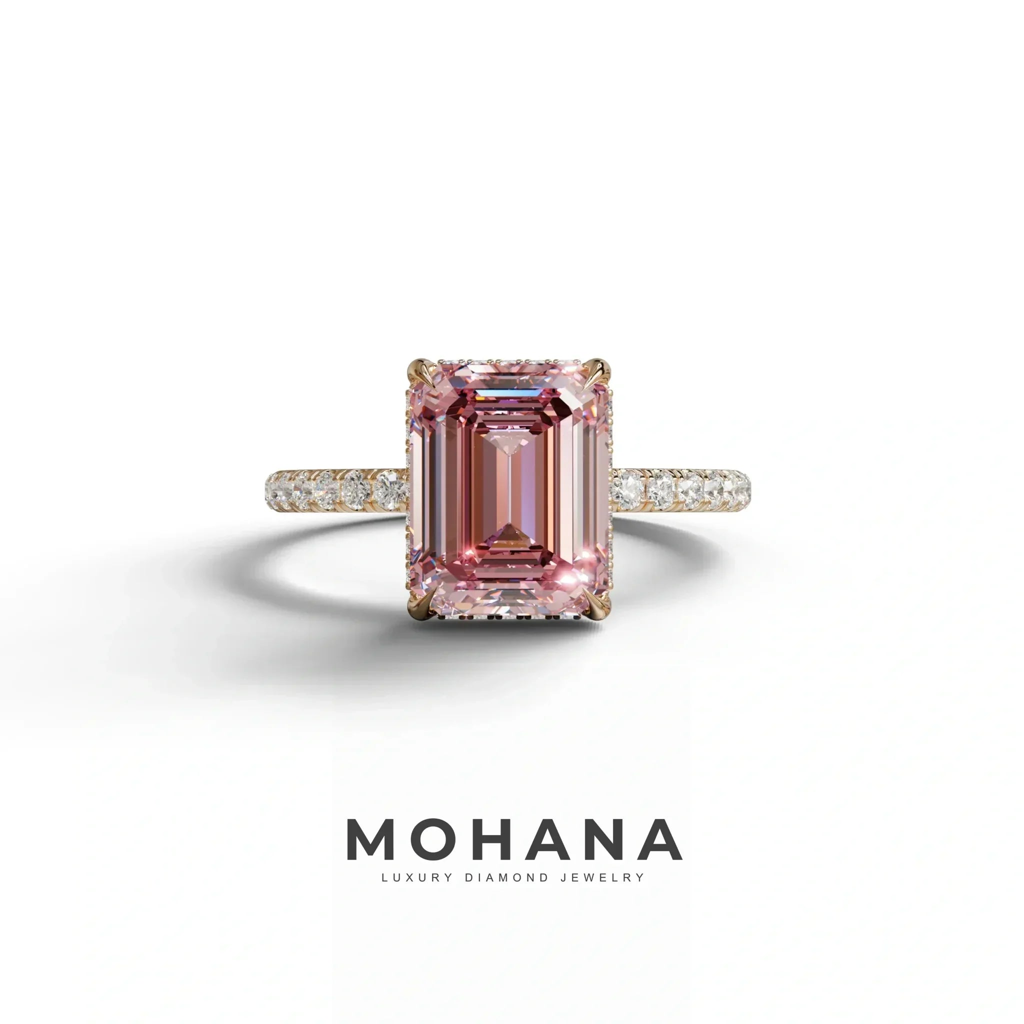 3 Carat Pink Emerald Cut Lab Diamond In Hidden Halo & Pave Setting Ring - 10K Solid Gold / Rose Gold