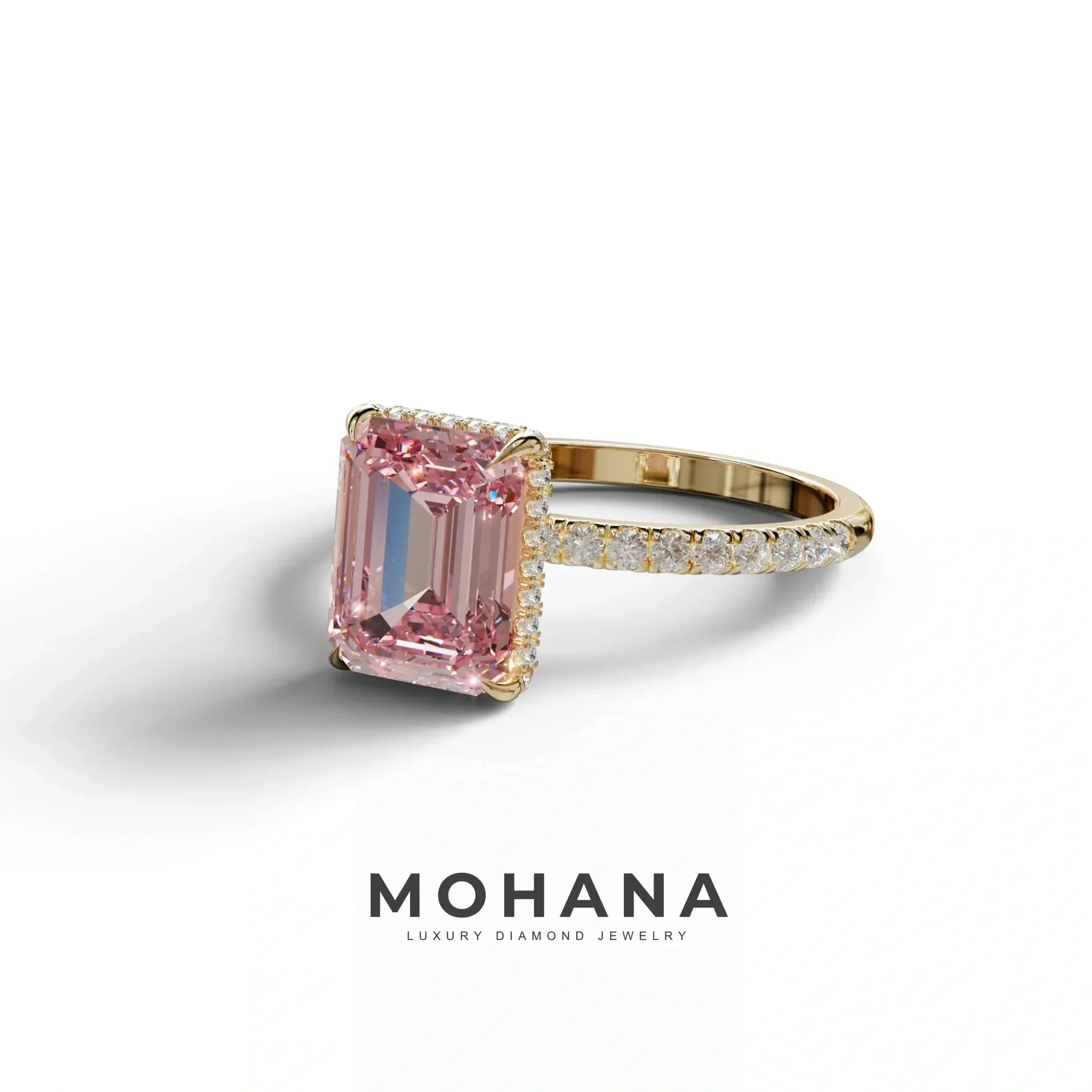 3 Carat Pink Emerald Cut Lab Diamond In Hidden Halo & Pave Setting Ring