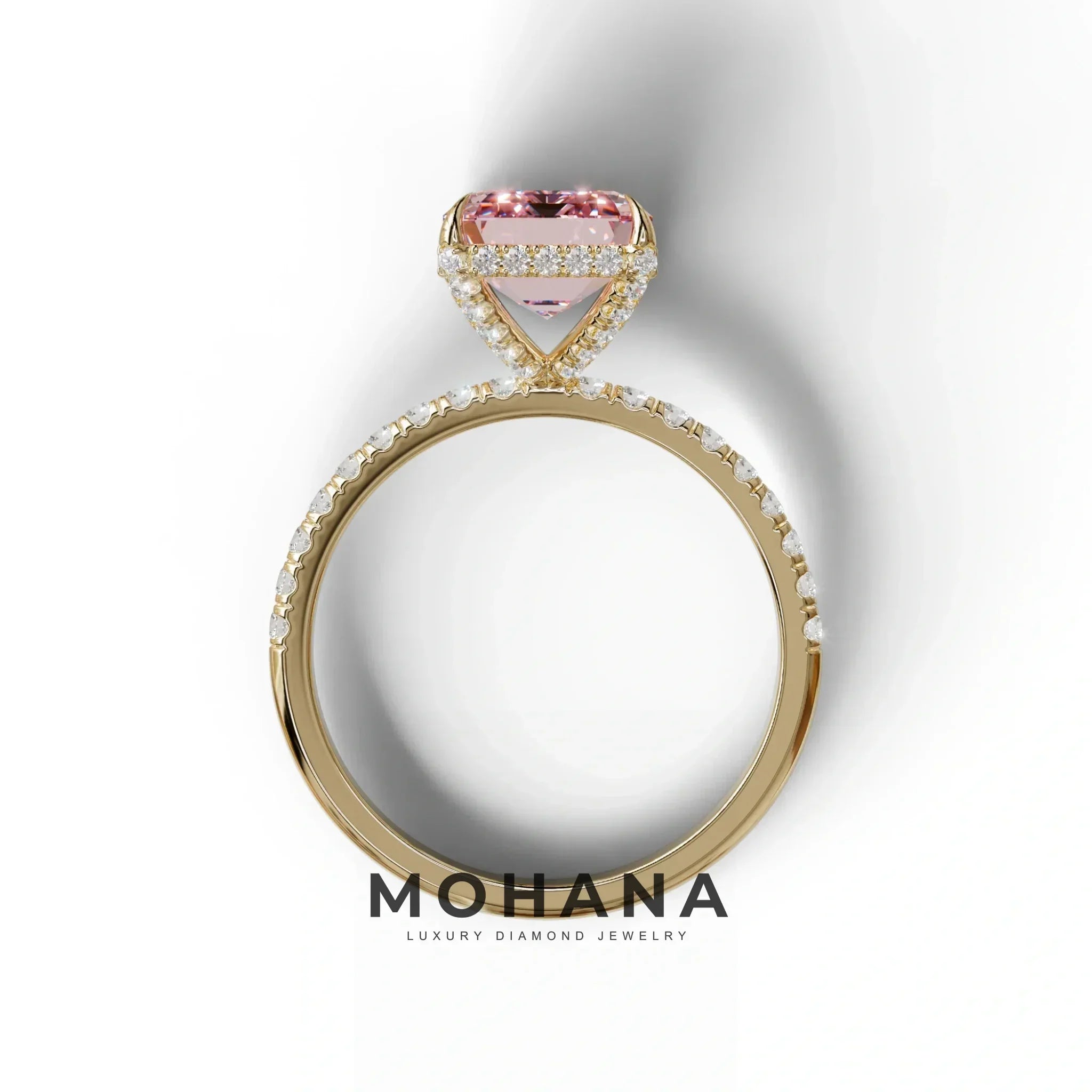 3 Carat Pink Emerald Cut Lab Diamond In Hidden Halo & Pave Setting Ring