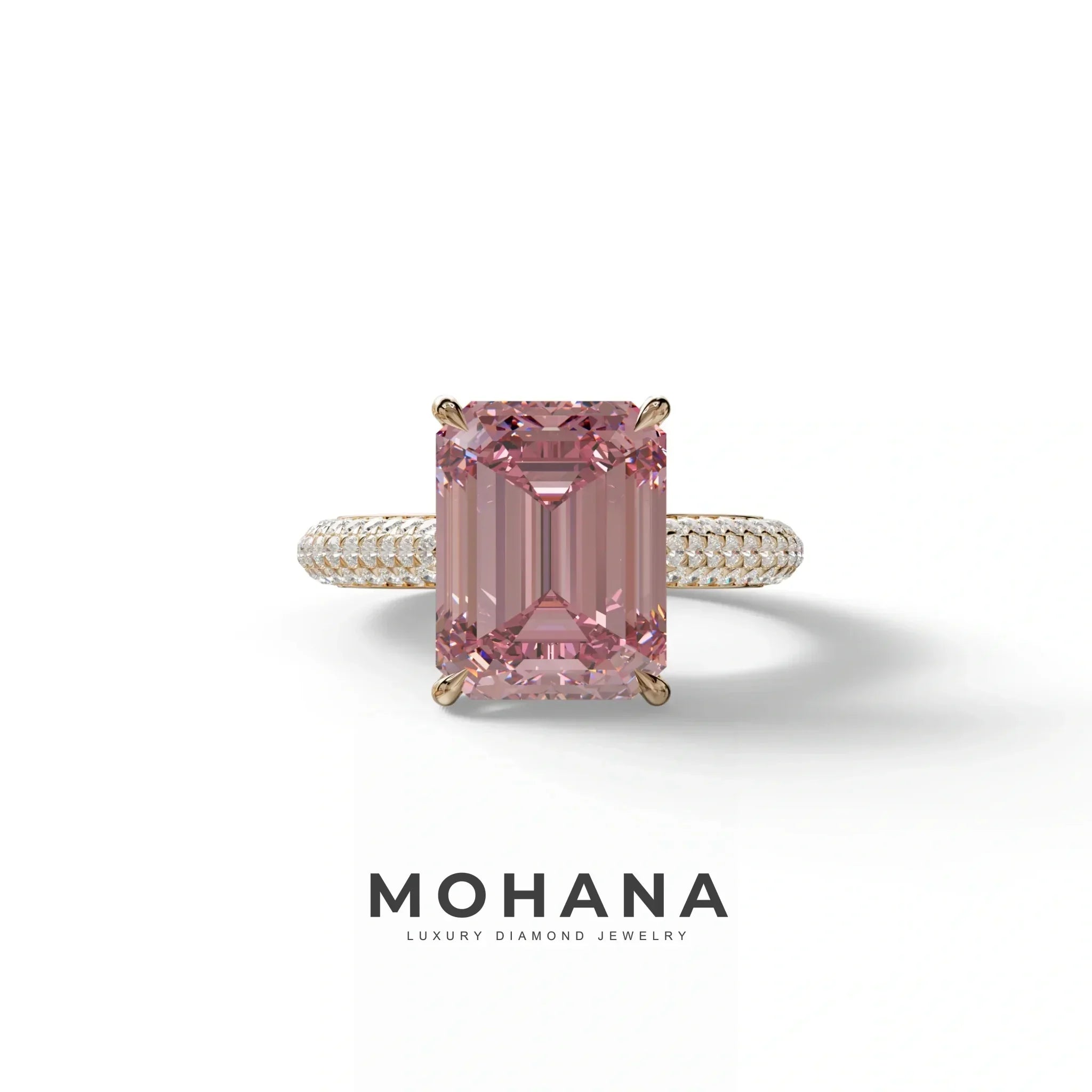 3 Carat Pink Emerald Cut Hidden Halo & Pave Set Lab Diamond Ring - Emme - 10K Solid Gold / Rose Gold