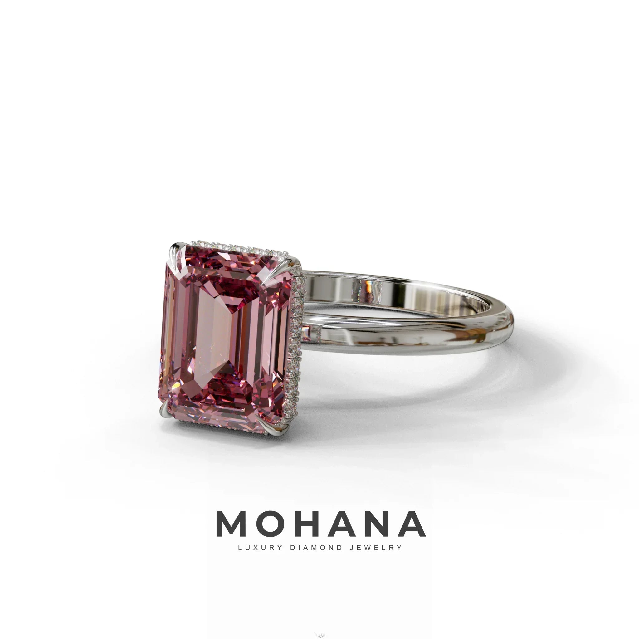 3 Carat Pink Emerald Cut Hidden Halo & Claw Setting Lab Grown Diamond Ring