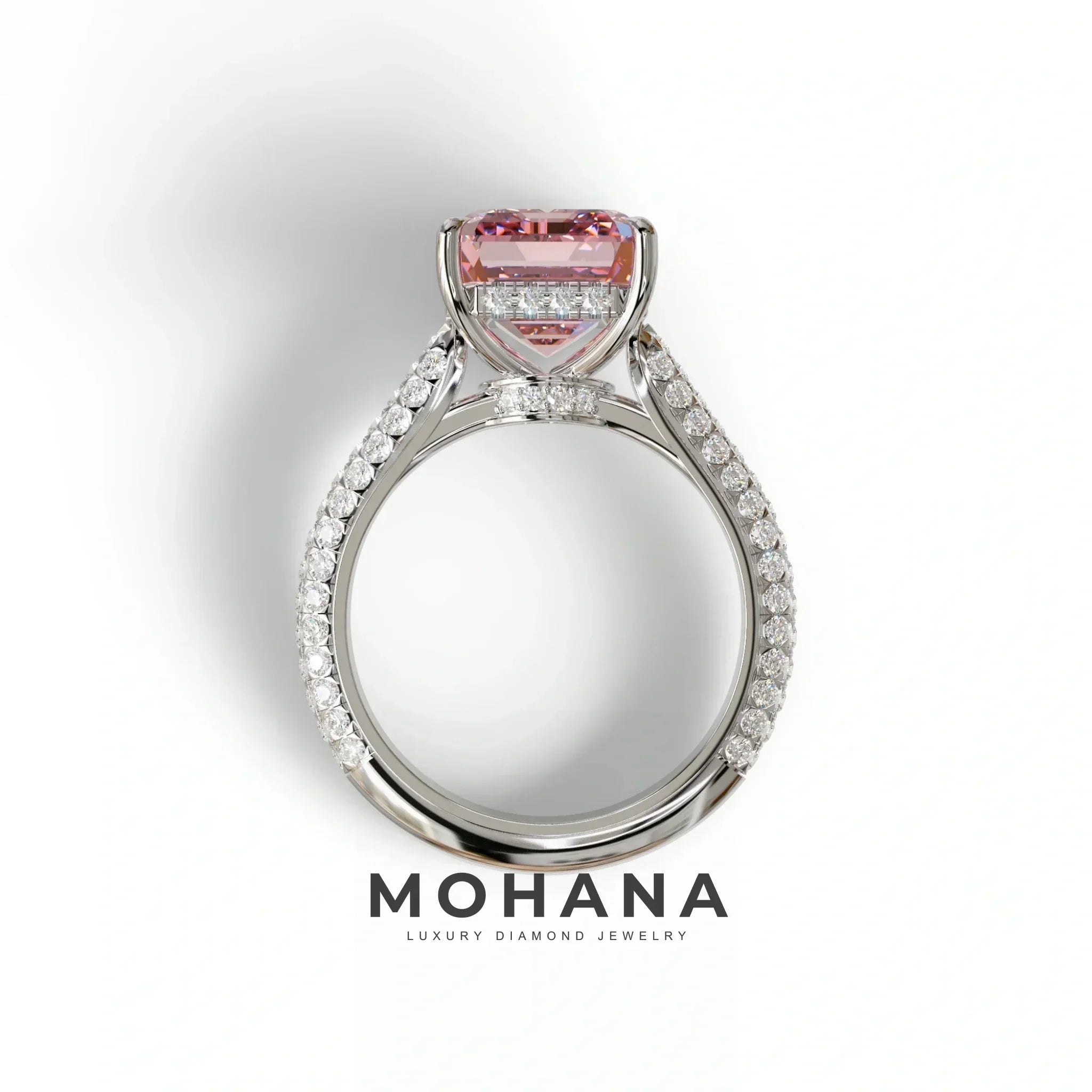 3 Carat Pink Emerald Cut Hidden Halo & Pave Set Lab Diamond Ring - Emme