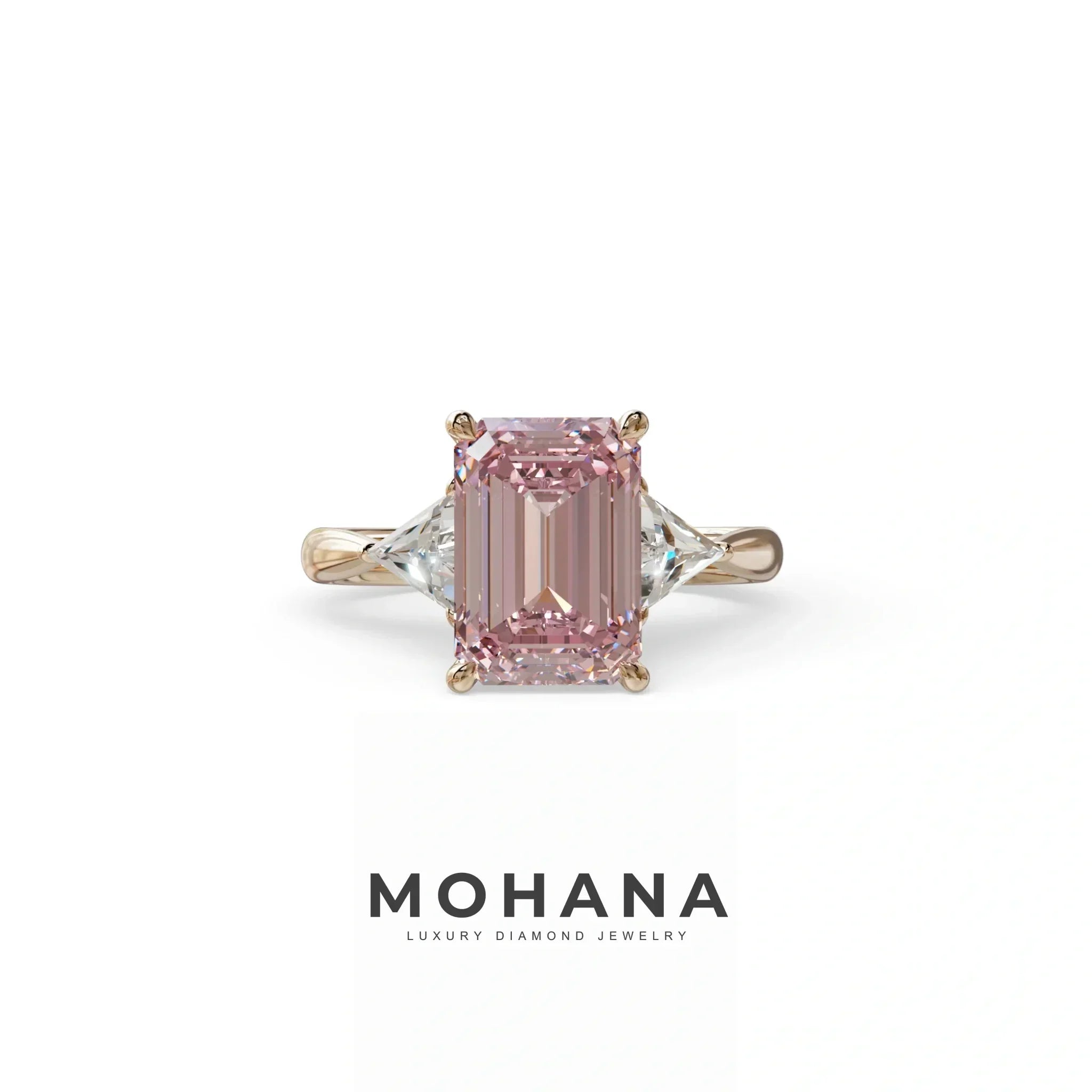 3Ct Fancy Intense Pink Emerald Cut Lab Grown Diamond Three Stone Engagement Ring - Polaris - 10K Solid Gold / Rose Gold
