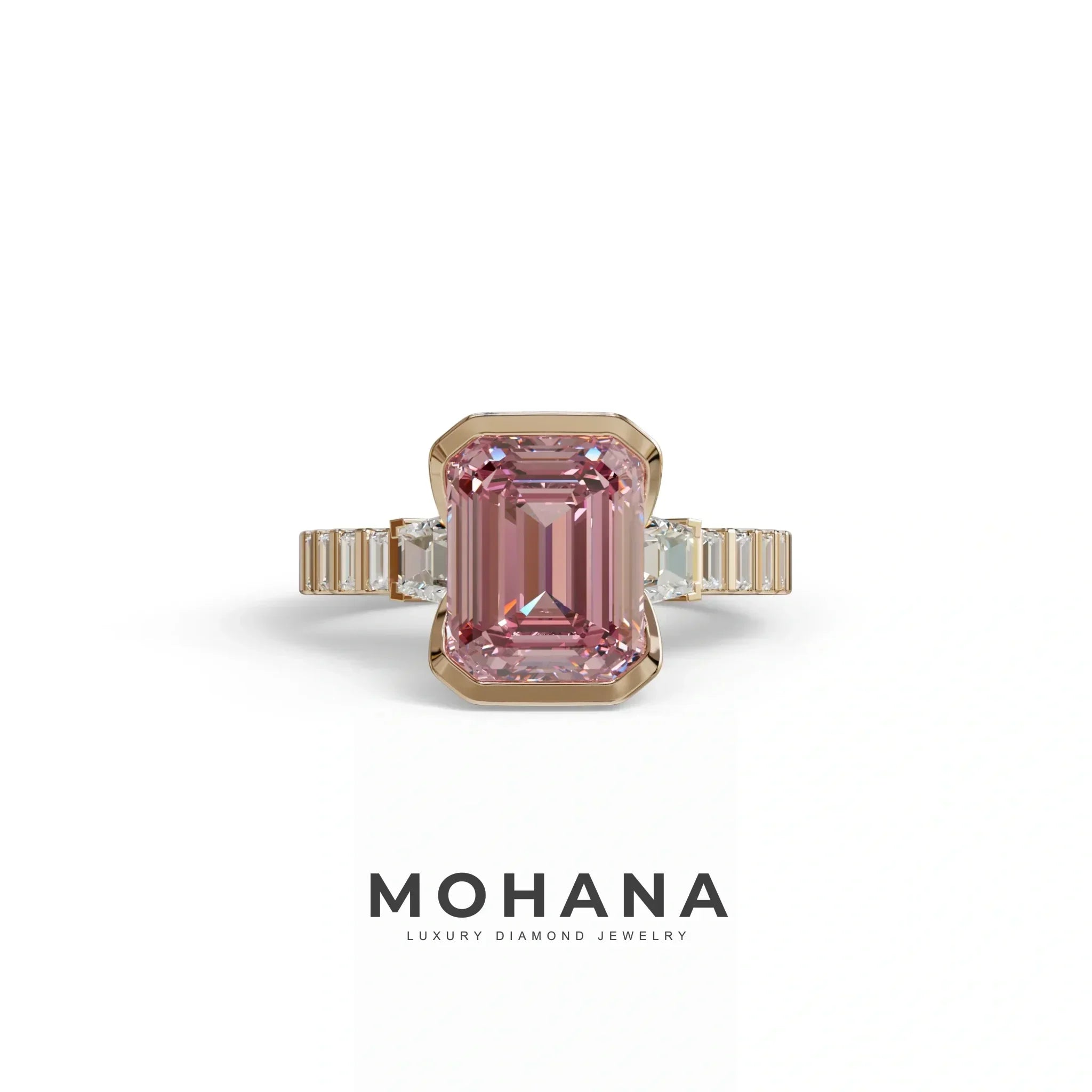3 Carat Pink Emerald Cut Three Stone Lab Diamond Engagement Ring | Bezel Set Ring- Gatsby - 10K Solid Gold / Rose Gold