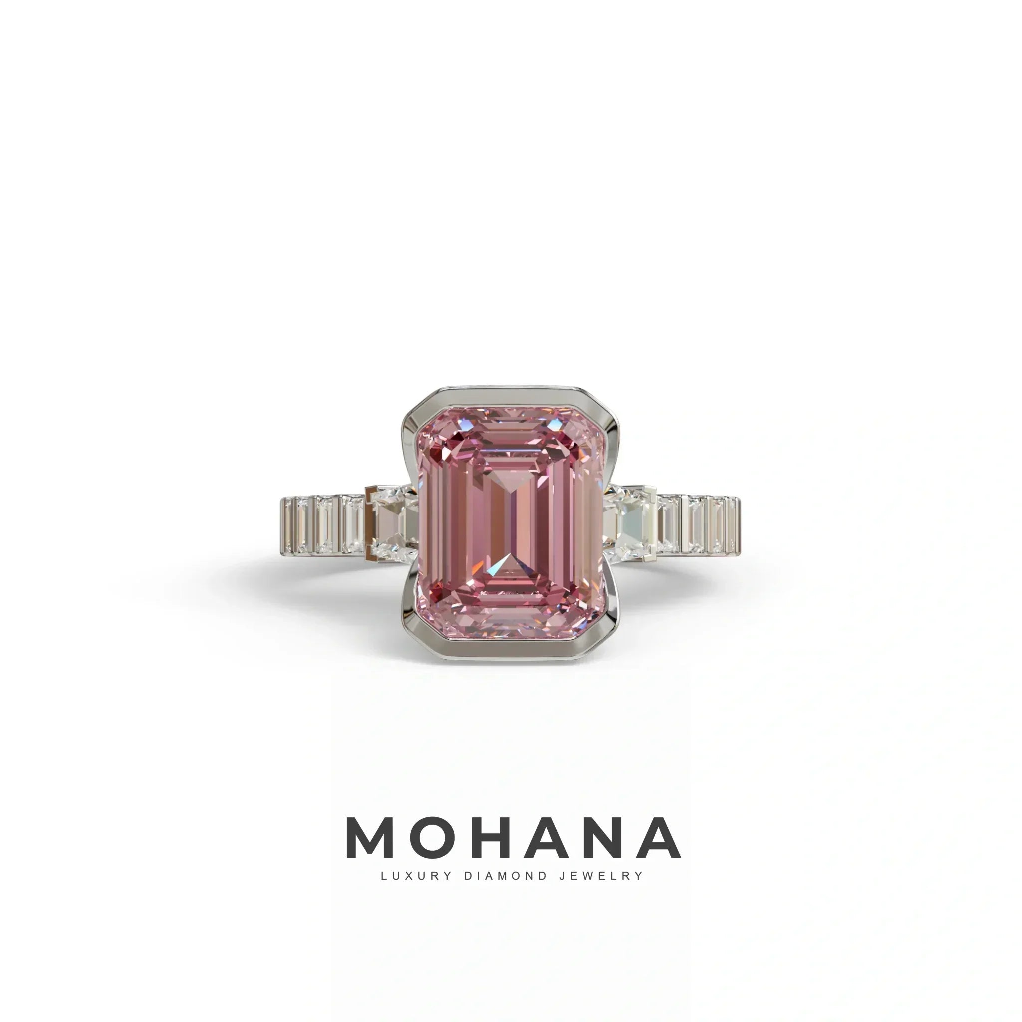 3 Carat Pink Emerald Cut Three Stone Lab Diamond Engagement Ring | Bezel Set Ring- Gatsby - 10K Solid Gold / White Gold