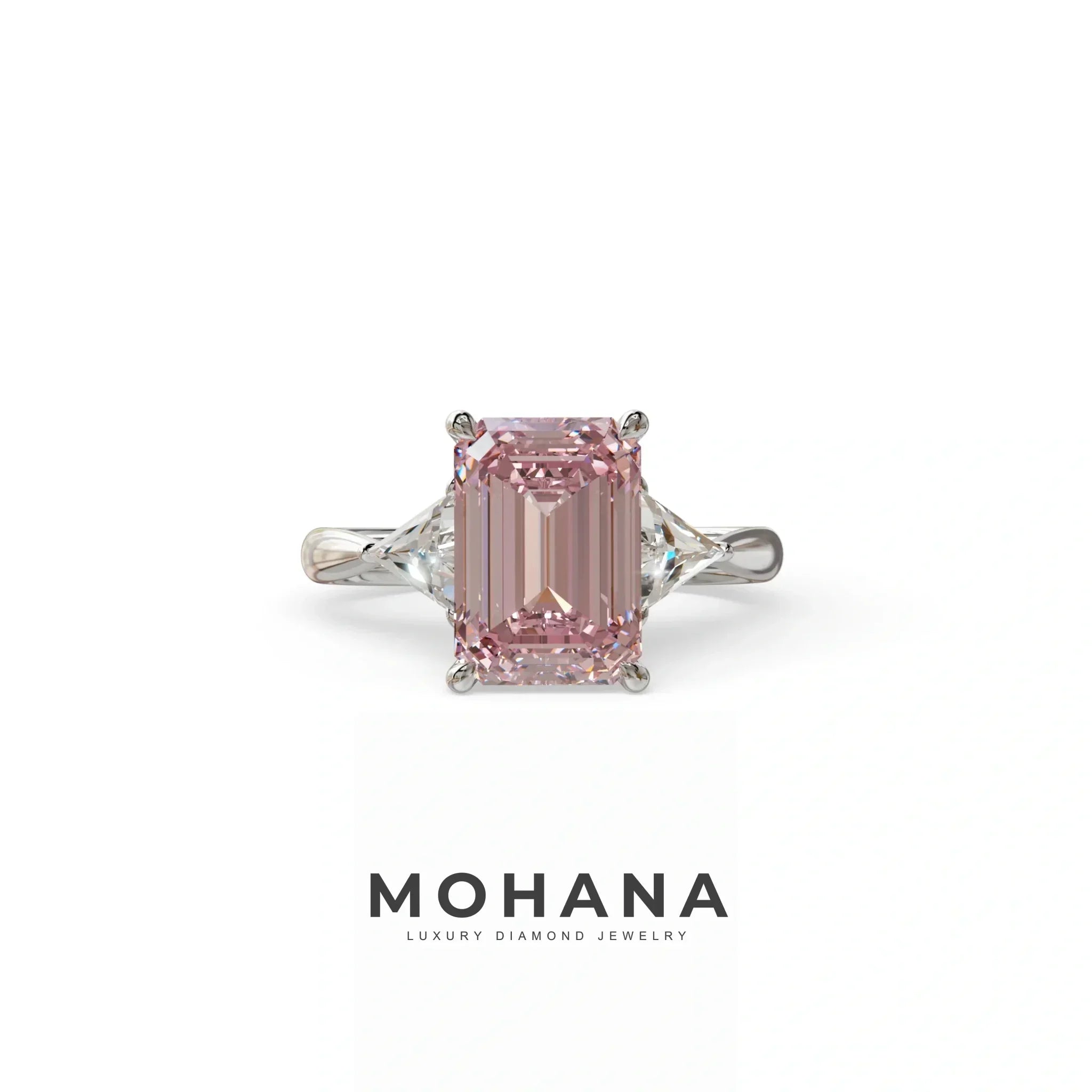 3Ct Fancy Intense Pink Emerald Cut Lab Grown Diamond Three Stone Engagement Ring - Polaris - 10K Solid Gold / White Gold