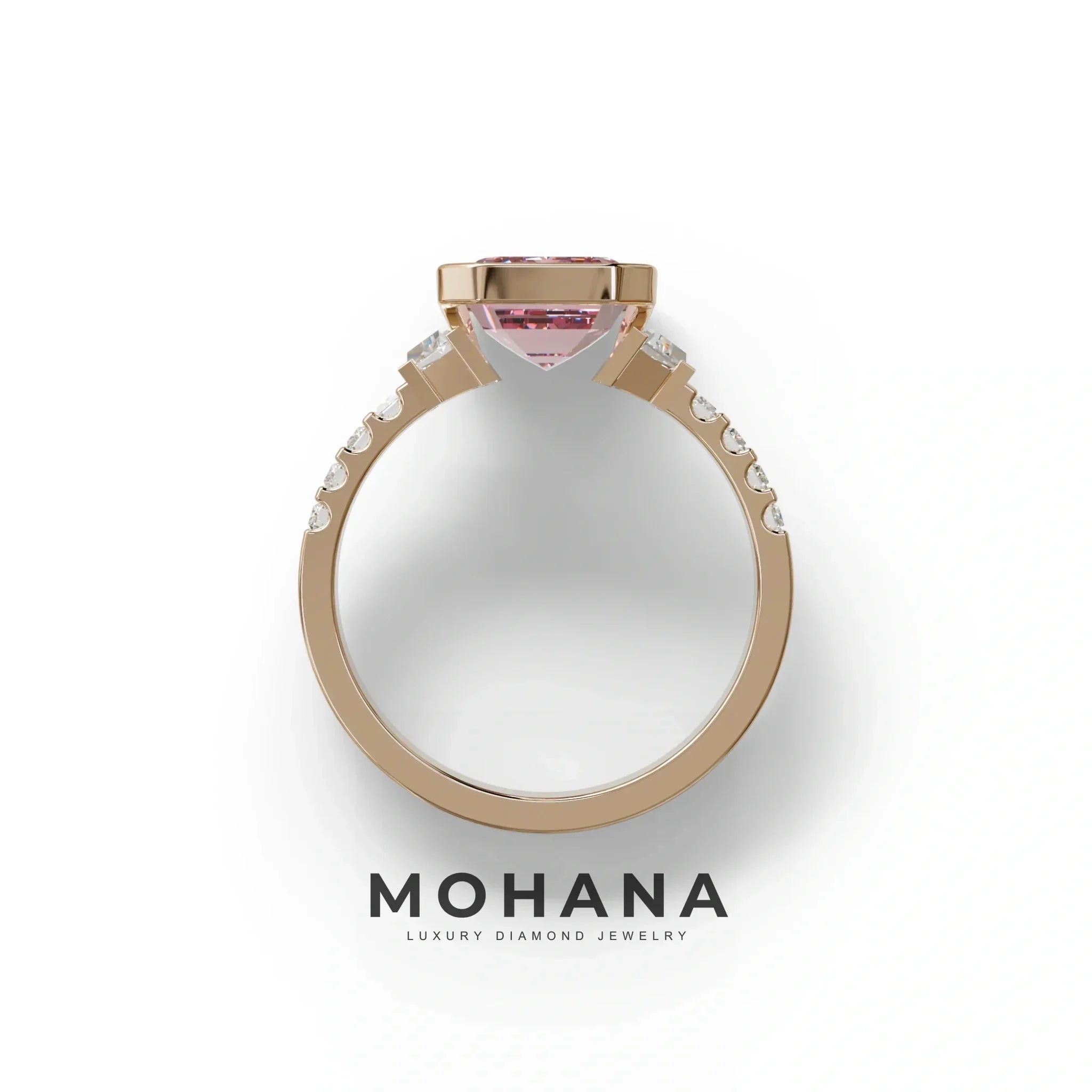 3 Carat Pink Emerald Cut Three Stone Lab Diamond Engagement Ring | Bezel Set Ring- Gatsby