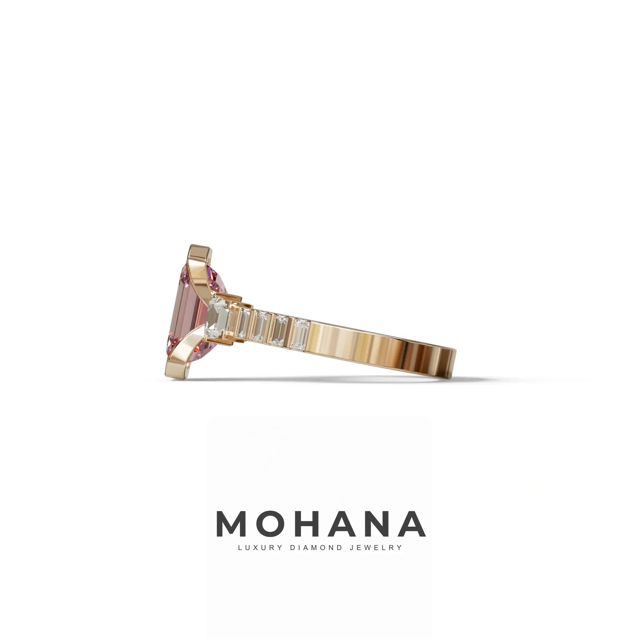 3 Carat Pink Emerald Cut Three Stone Lab Diamond Engagement Ring | Bezel Set Ring- Gatsby