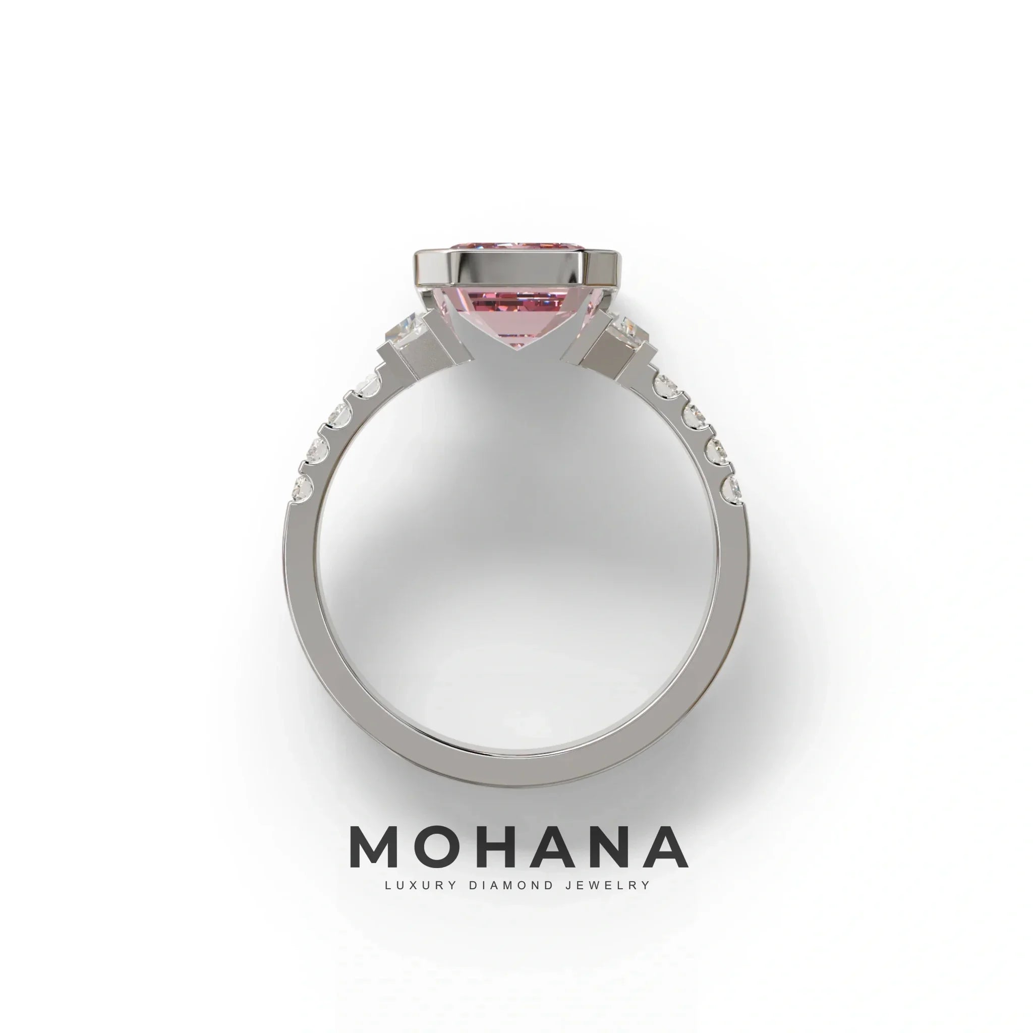 3 Carat Pink Emerald Cut Three Stone Lab Diamond Engagement Ring | Bezel Set Ring- Gatsby