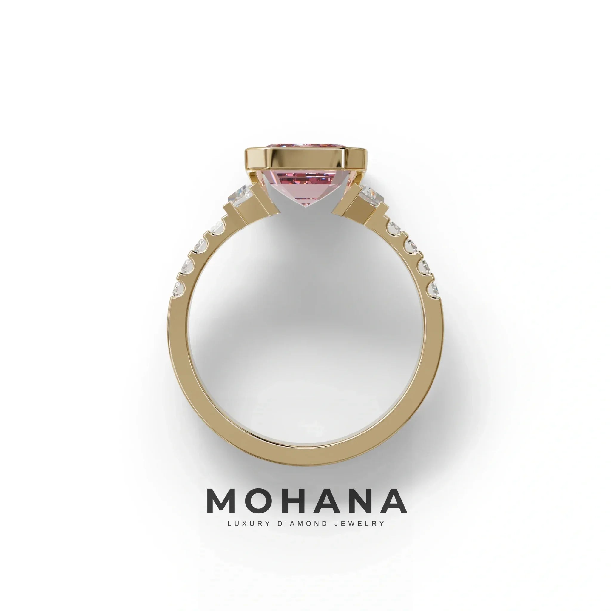 3 Carat Pink Emerald Cut Three Stone Lab Diamond Engagement Ring | Bezel Set Ring- Gatsby
