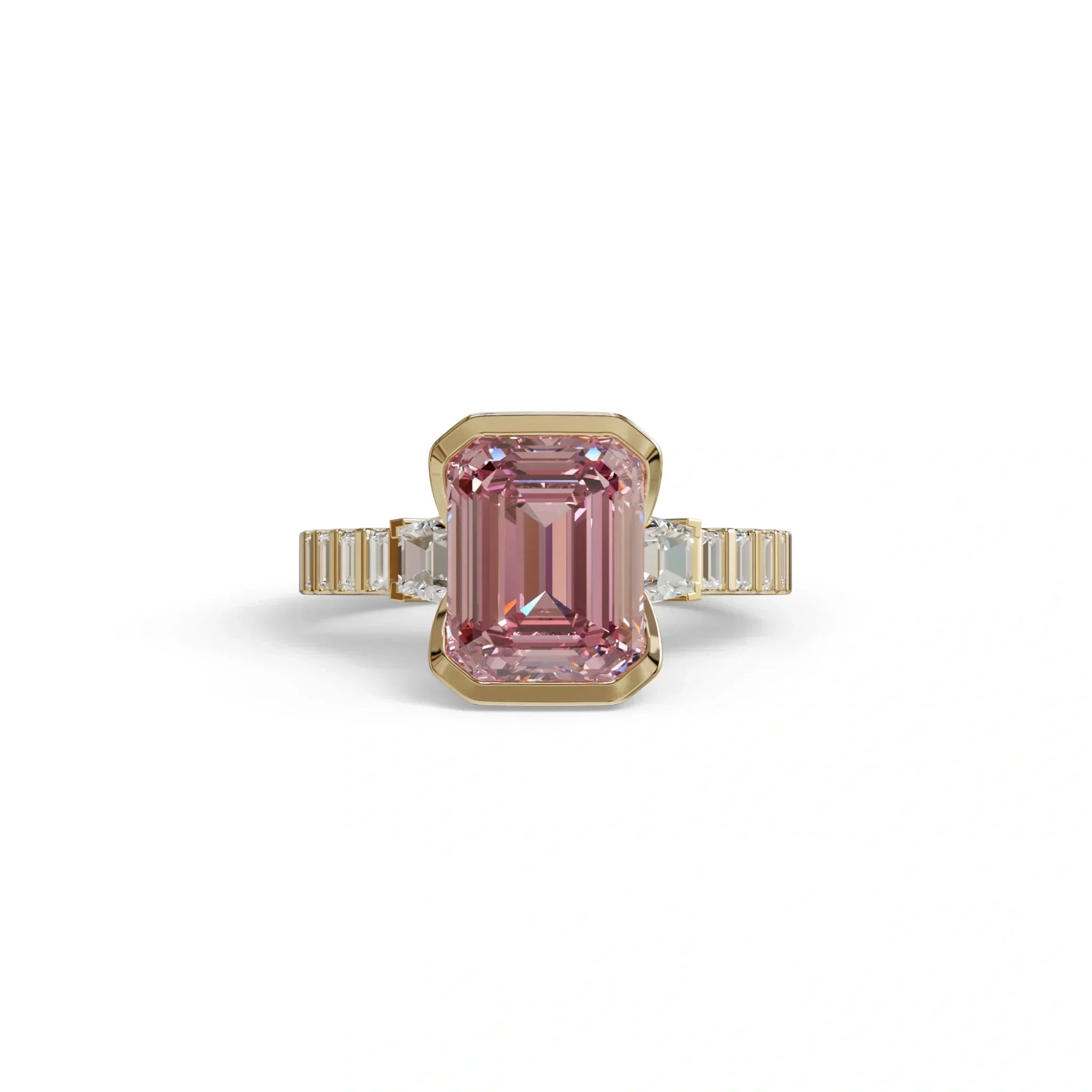 3 Carat Pink Emerald Cut Three Stone Lab Diamond Engagement Ring | Bezel Set Ring- Gatsby - 10K Solid Gold / Yellow Gold