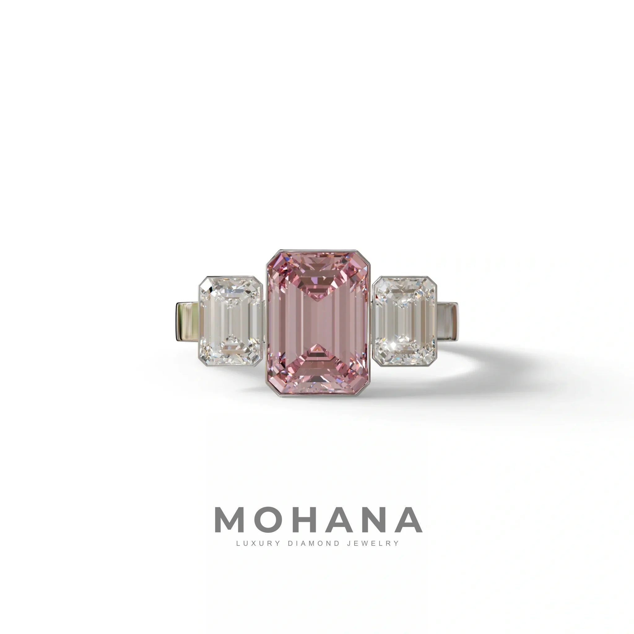 Three Stone 3 carat Emerald cut Pink Lab Grown Diamond Ring - Elaris - 10K Solid Gold / White Gold