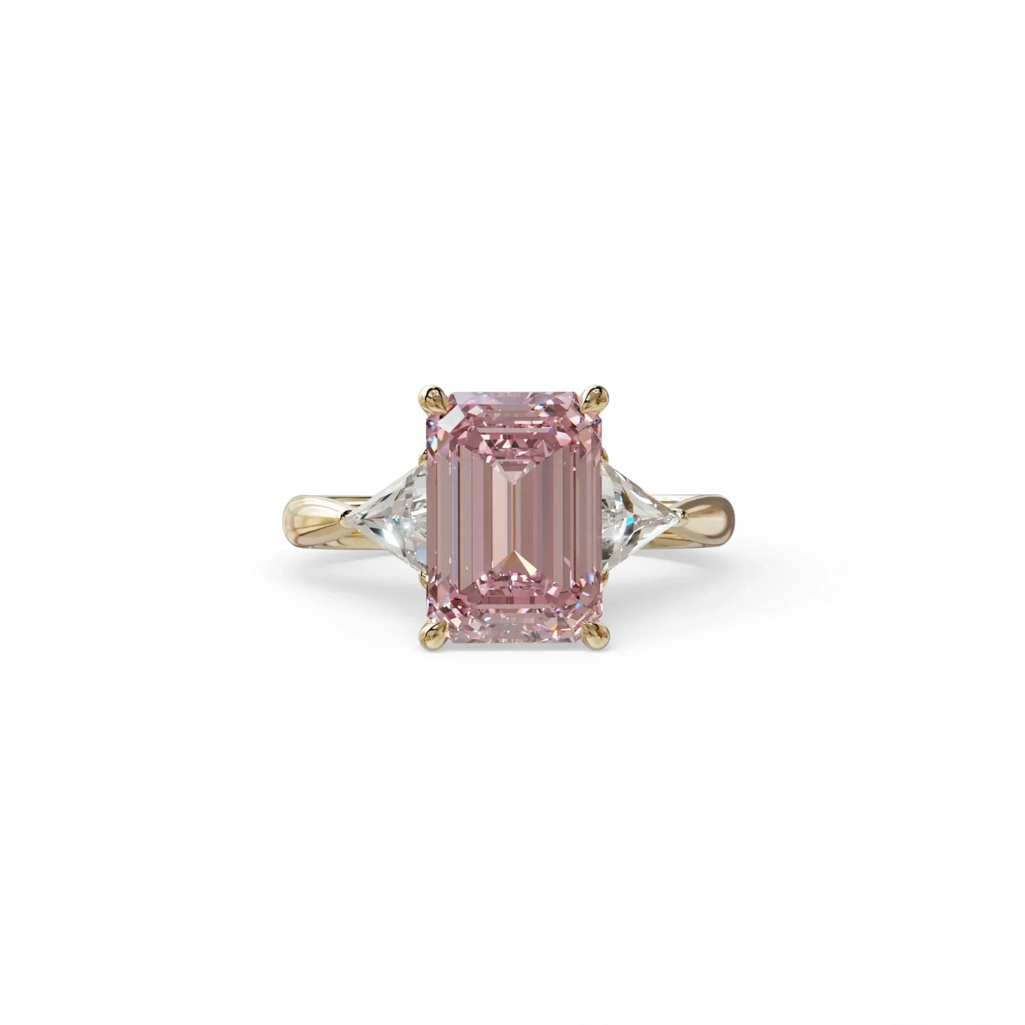 3Ct Fancy Intense Pink Emerald Cut Lab Grown Diamond Three Stone Engagement Ring - Polaris - 10K Solid Gold / Yellow
