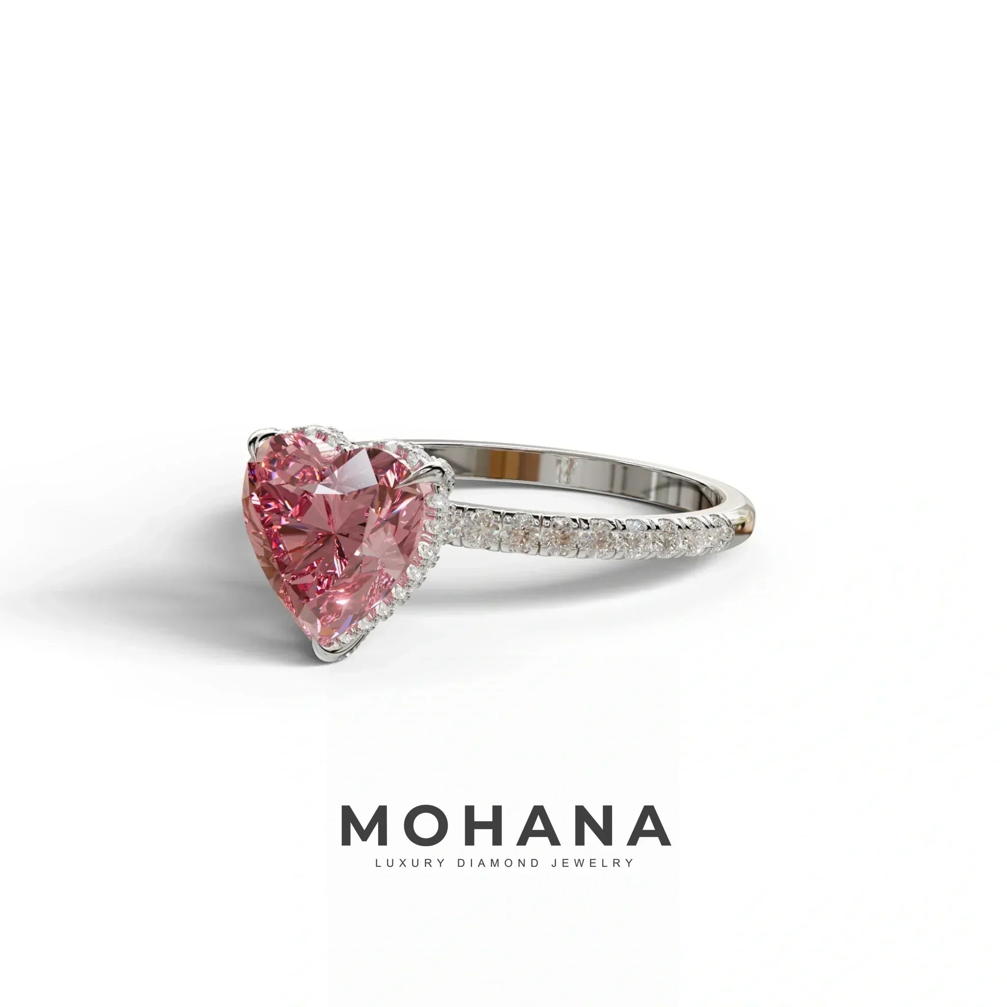 Pink 3 Carat Heart Cut Hidden Halo & Pavé Setting Engagement Ring
