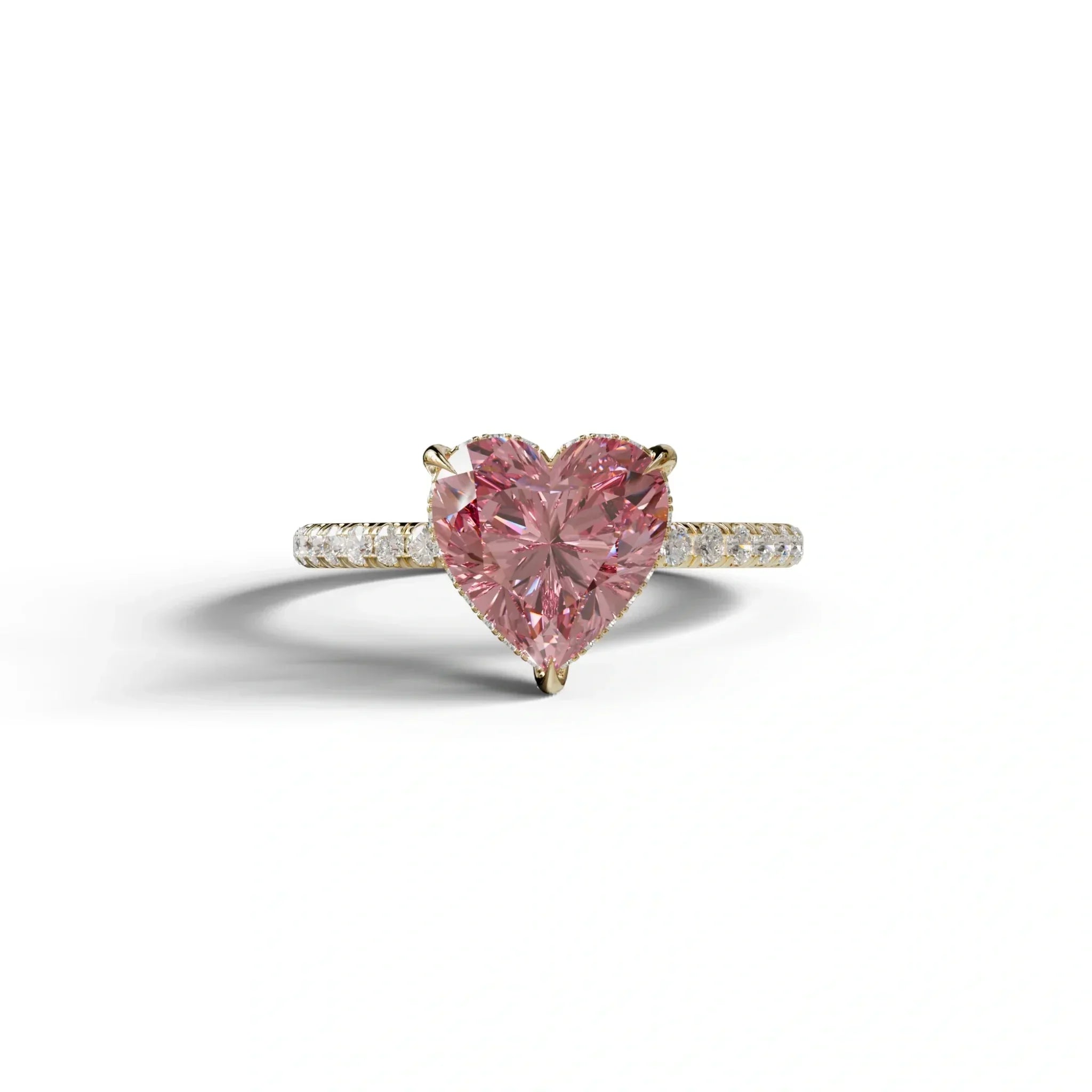 Pink 3 Carat Heart Cut Hidden Halo & Pavé Setting Engagement Ring - 10K Solid Gold / Yellow Gold