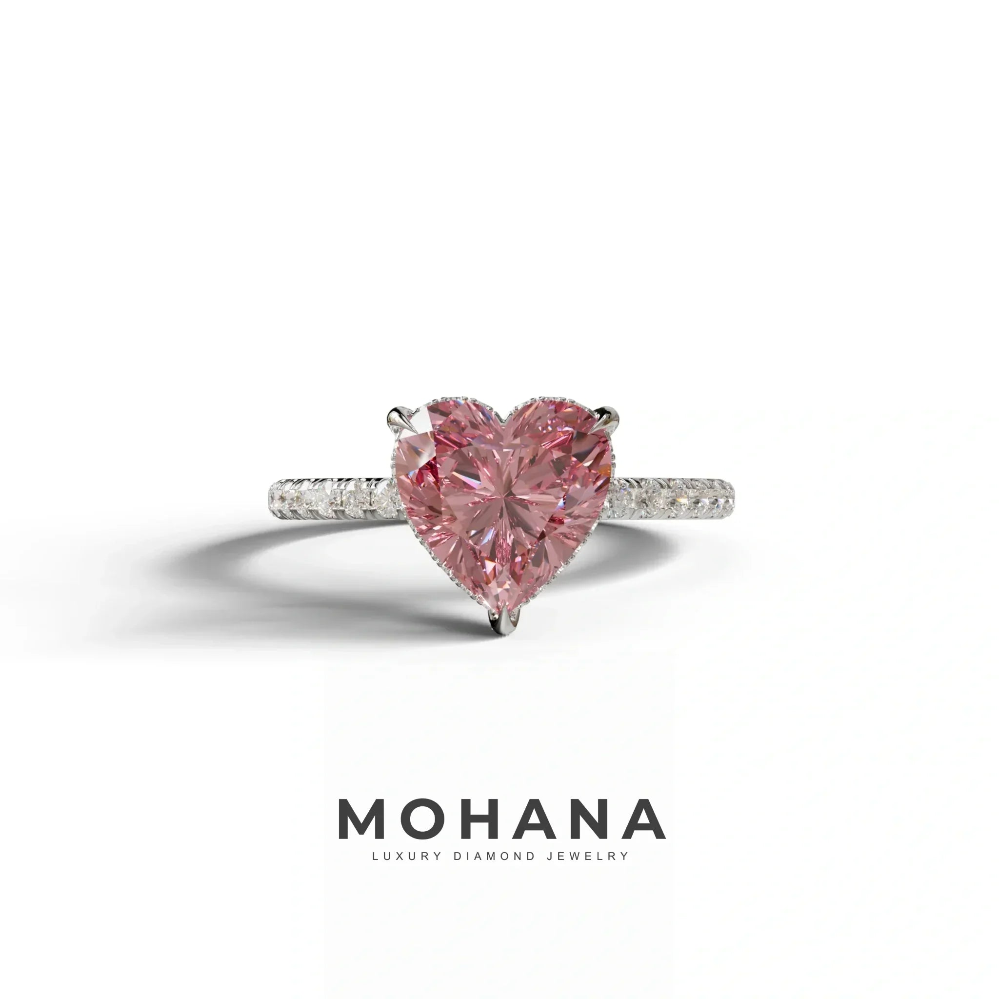 Pink 3 Carat Heart Cut Hidden Halo & Pavé Setting Engagement Ring - 10K Solid Gold / White Gold