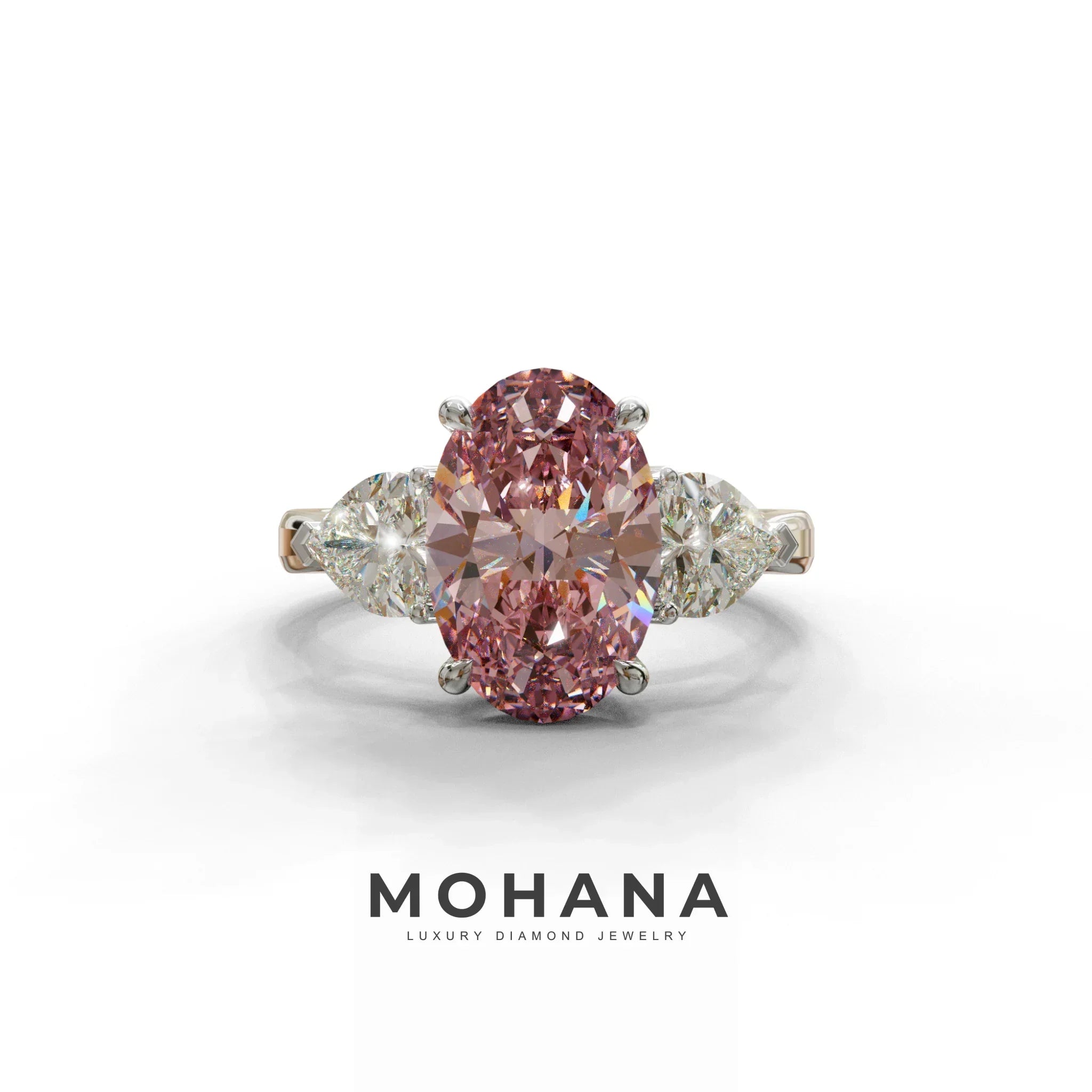4 Ct Pink Oval & Heart Shape 3 Stone Engagement Diamond Ring - Lucid - 10K Solid Gold / White Gold