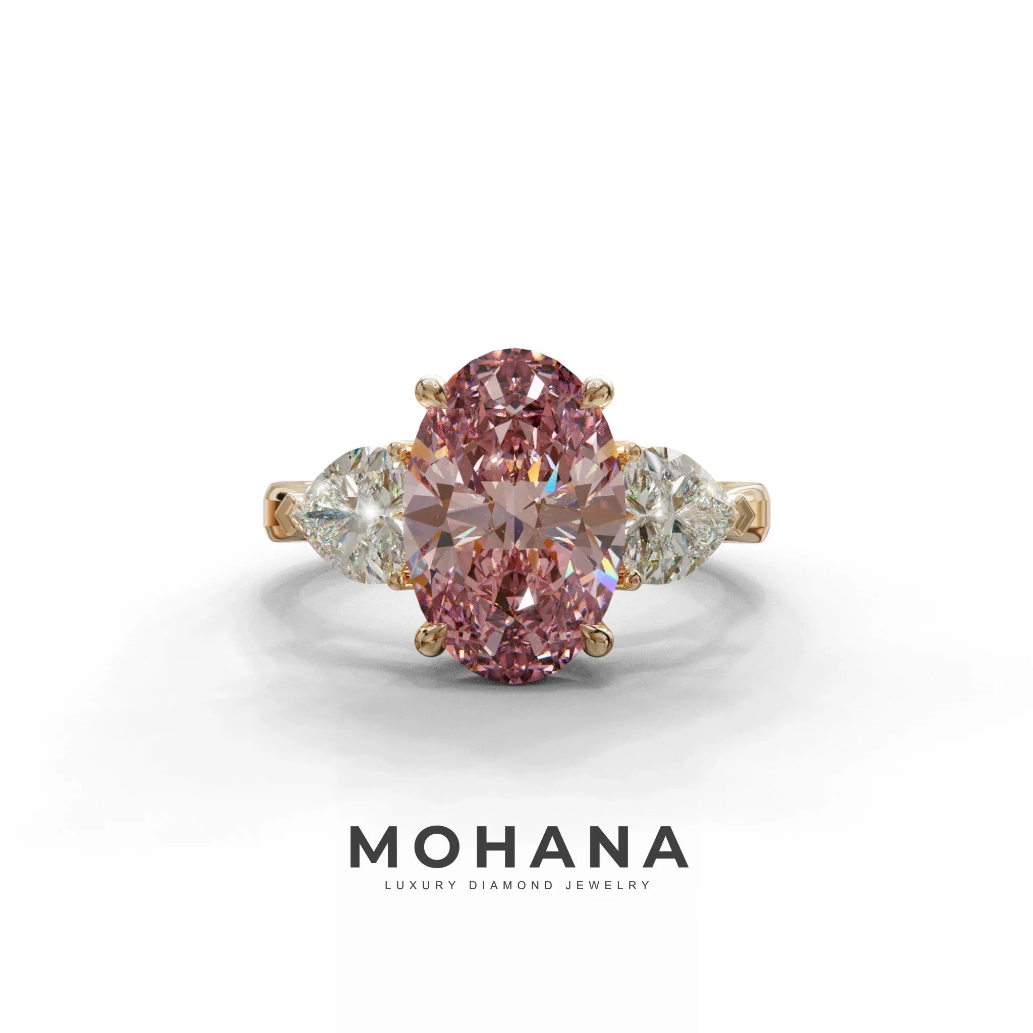 4 Ct Pink Oval & Heart Shape 3 Stone Engagement Diamond Ring - Lucid - 10K Solid Gold / Rose Gold