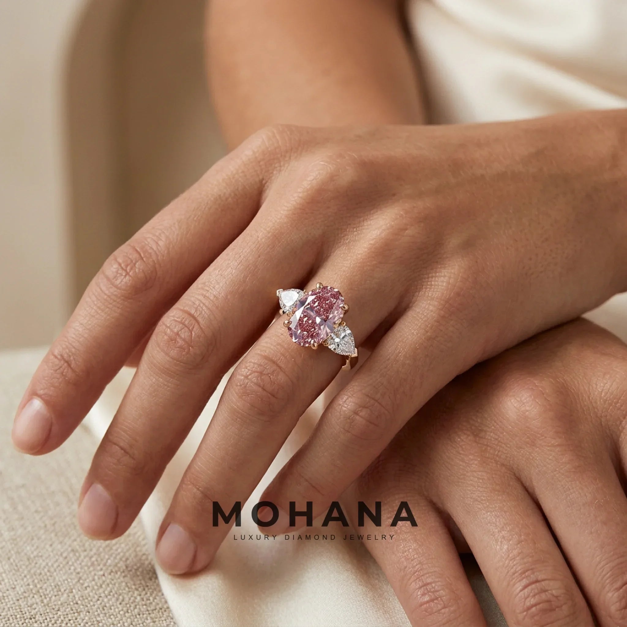 3 Carat Pink Oval Lab Grown Diamond Engagement Ring Three Stone Heart Cut
