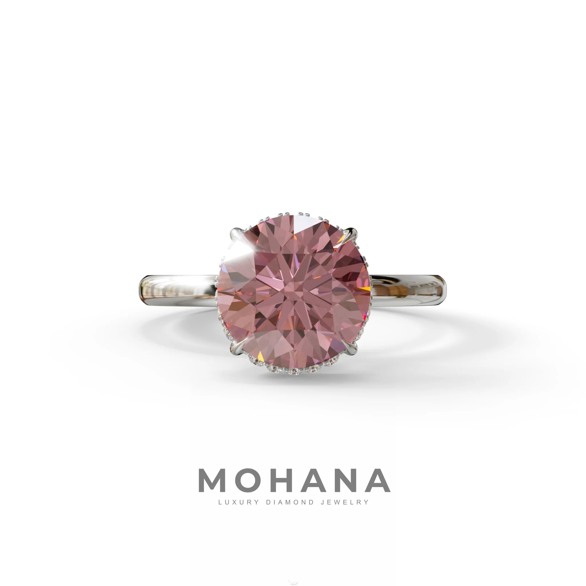 3 Carat Round Pink Hidden Halo Lab Diamond Ring - Luxe Cercle - 10K Solid Gold / White Gold