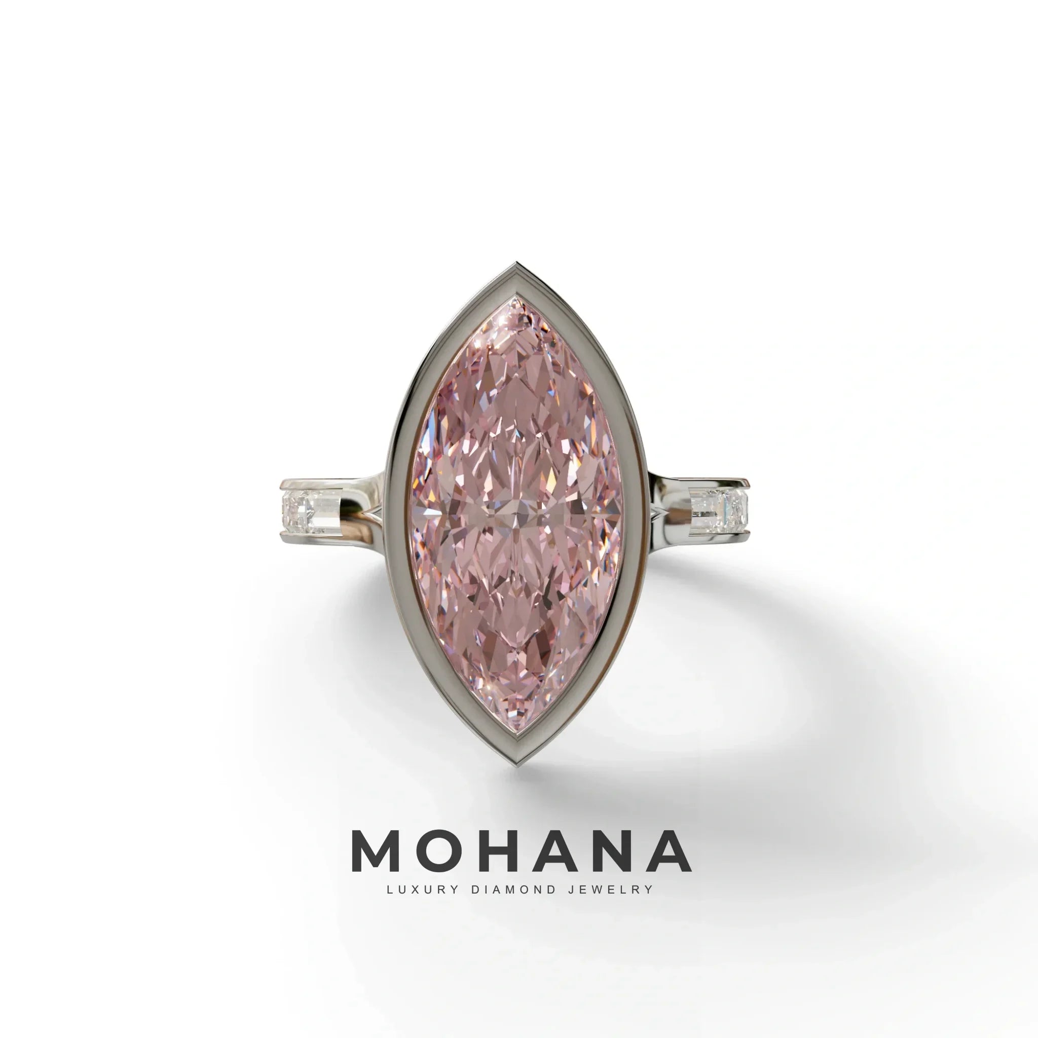 3 Ct Marquise Cut Pink Color Lab Diamond Ring With Bezel Set - Kayla - 10K Solid Gold / White Gold