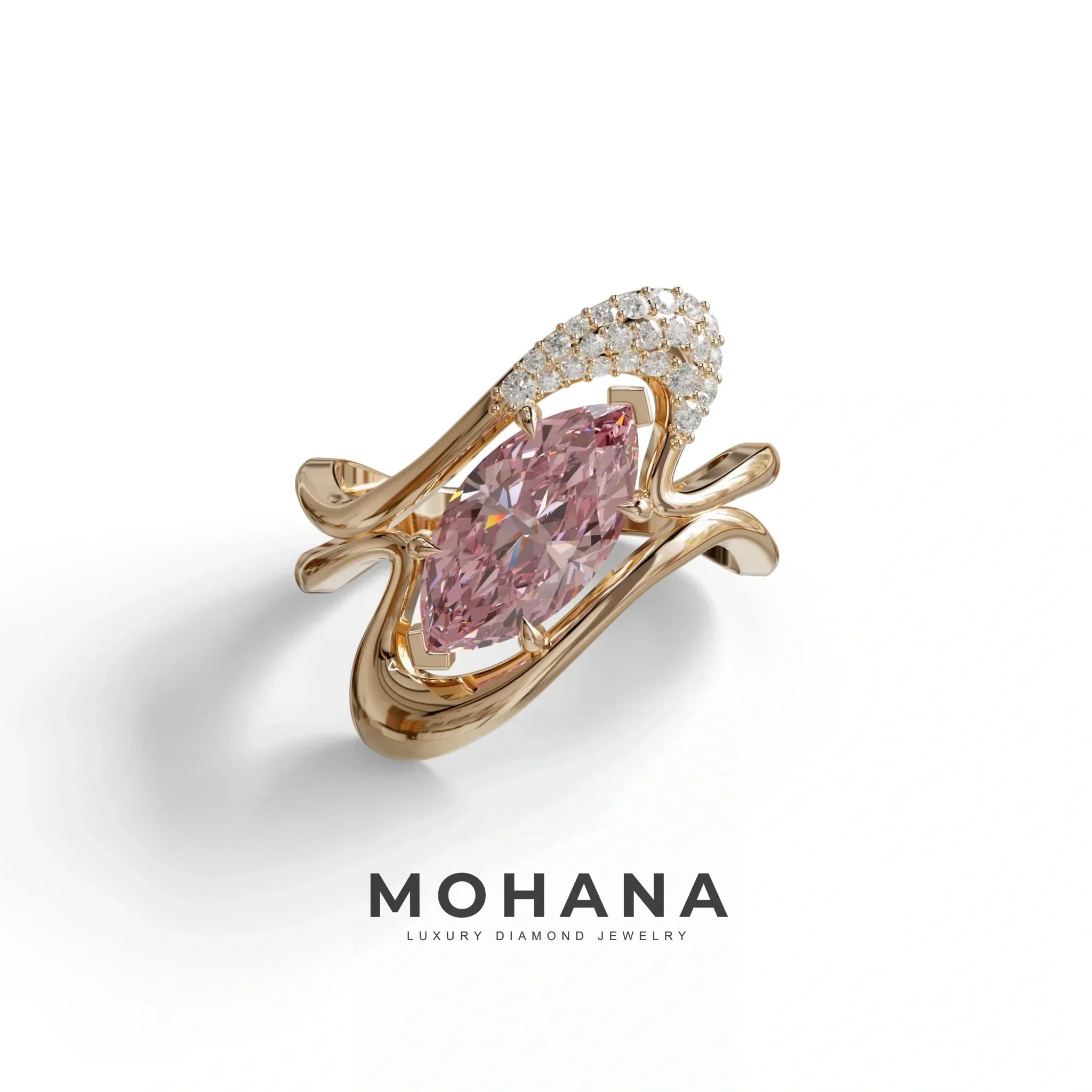 3 Carat Marquise Cut Pink Lab Diamond Curve Ring - Myka - 10K Solid Gold / Rose Gold