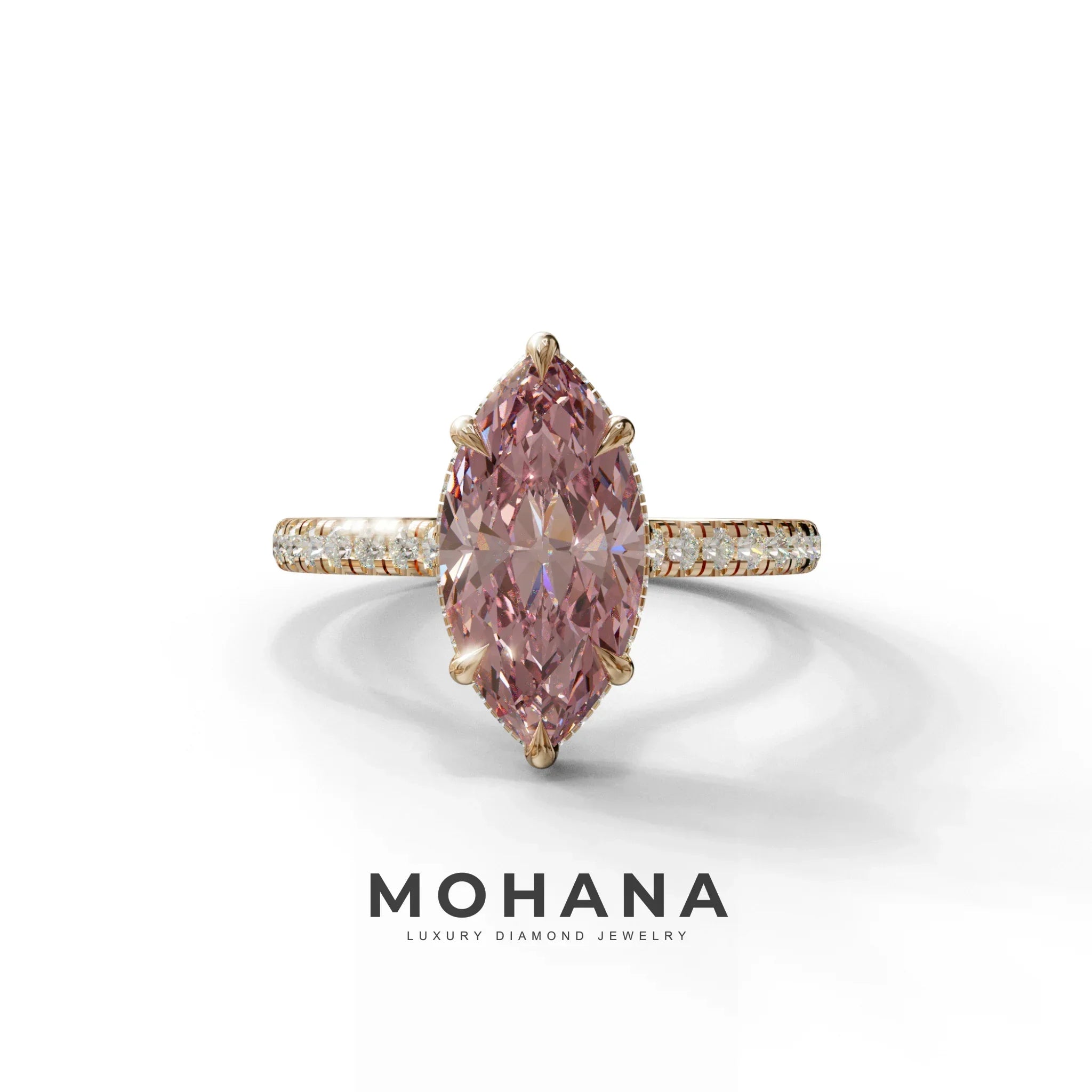 3 Carat Pink Marquise Cut Hidden Halo & Pave Set Lab Diamond Ring - Eblouissant - 10K Solid Gold / Rose Gold