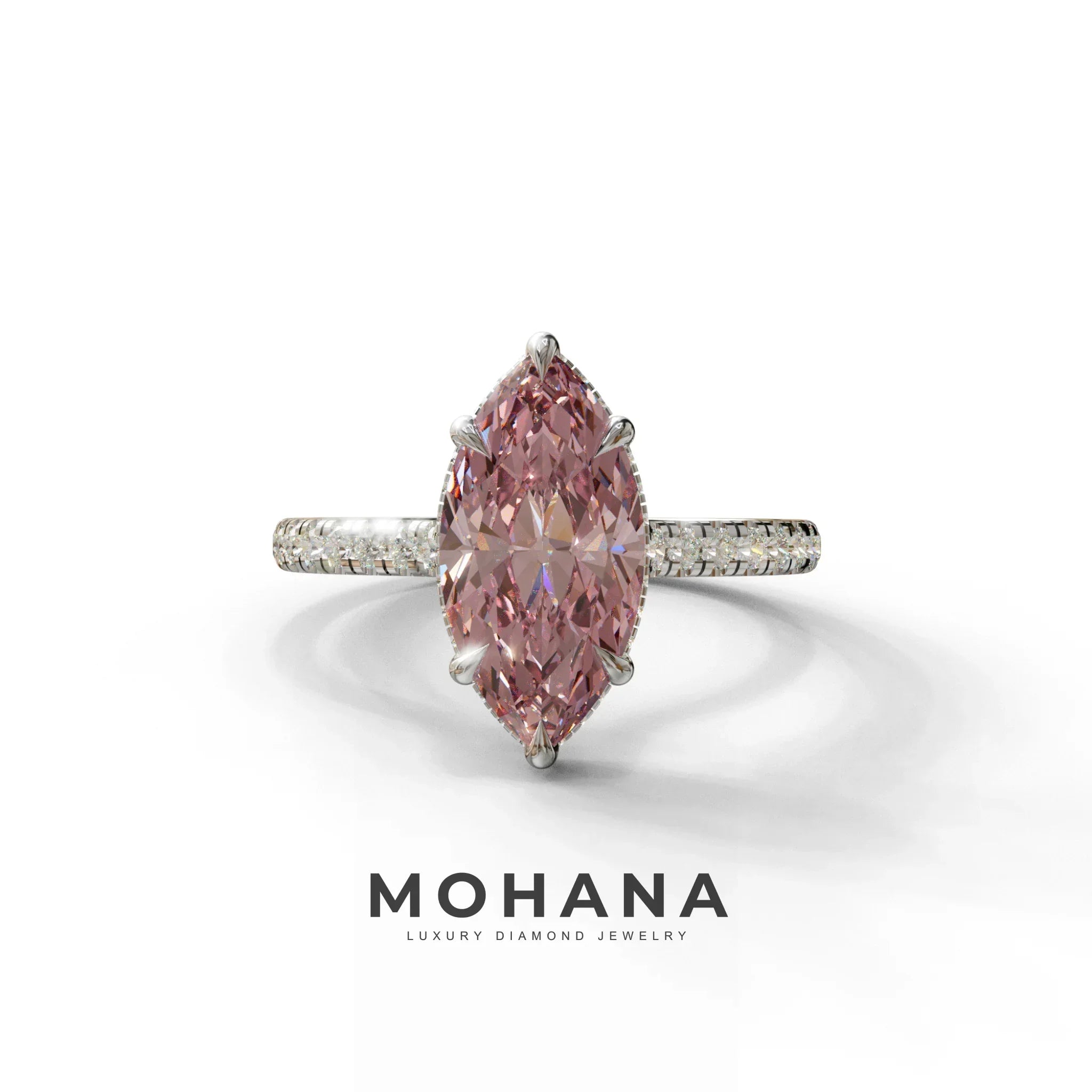 3 Carat Pink Marquise Cut Hidden Halo & Pave Set Lab Diamond Ring - Eblouissant - 10K Solid Gold / White Gold