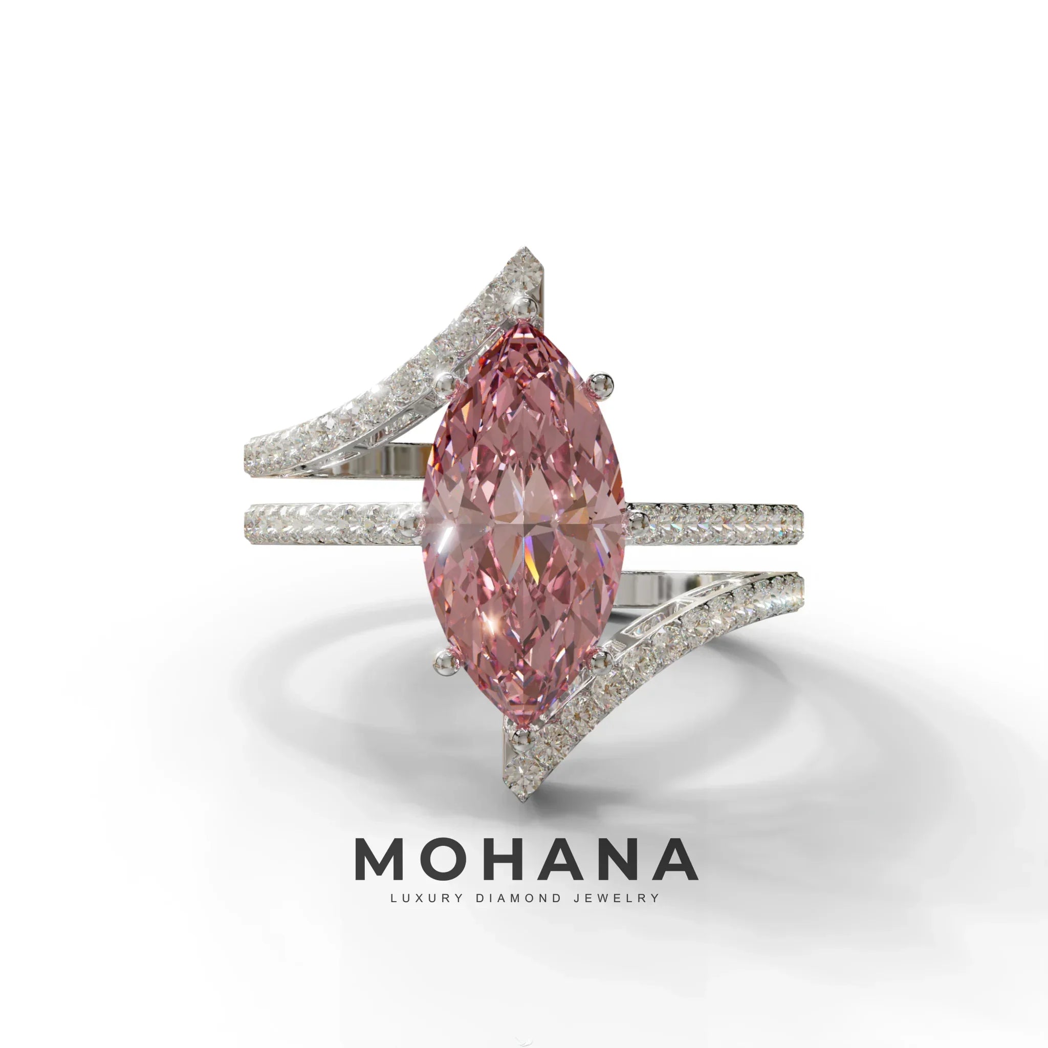 3 Carat Marquise Cut Pink Lab Diamond Ring with Double Pave Setting - 10K Solid Gold / White Gold