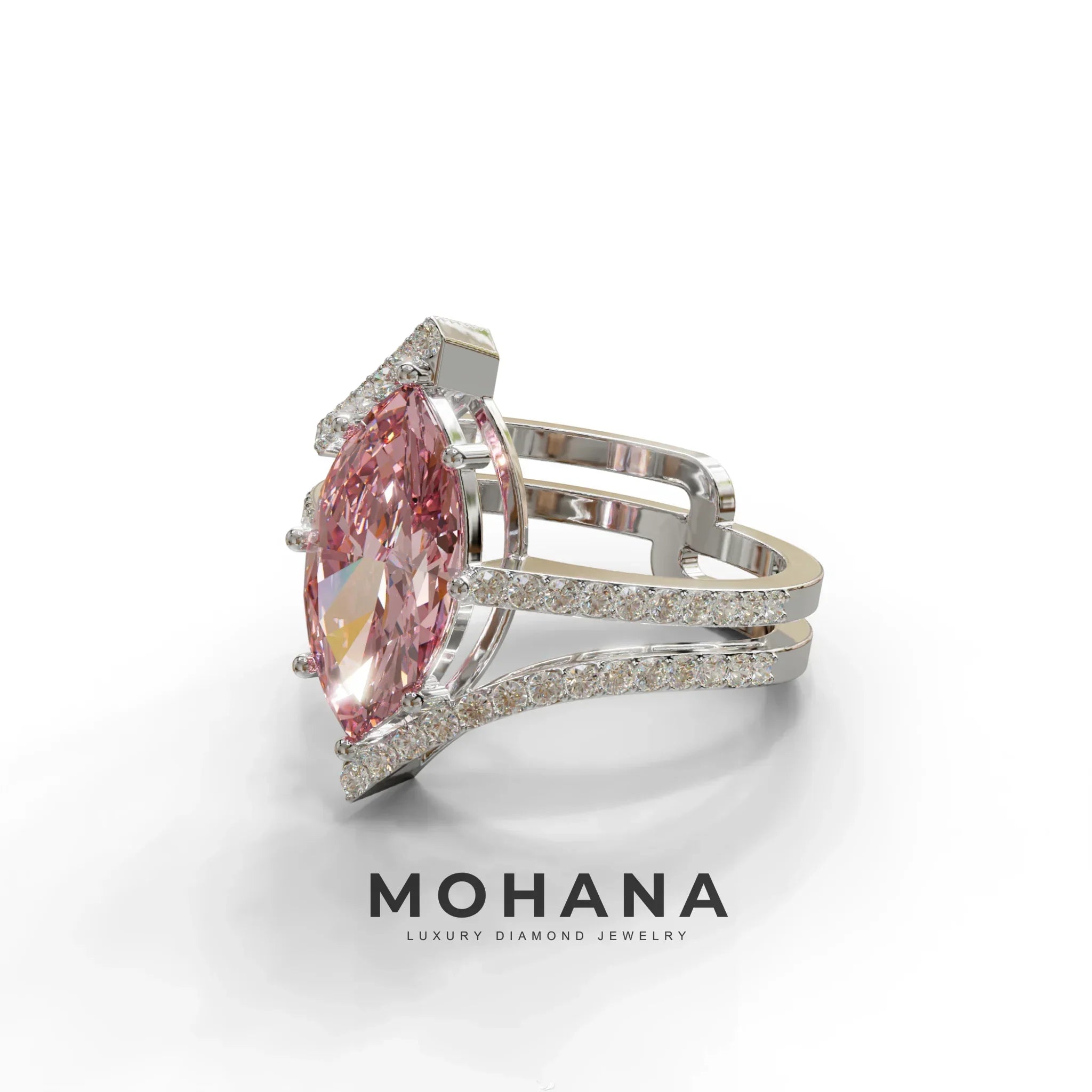 3 Carat Marquise Cut Pink Lab Diamond Ring with Double Pave Setting