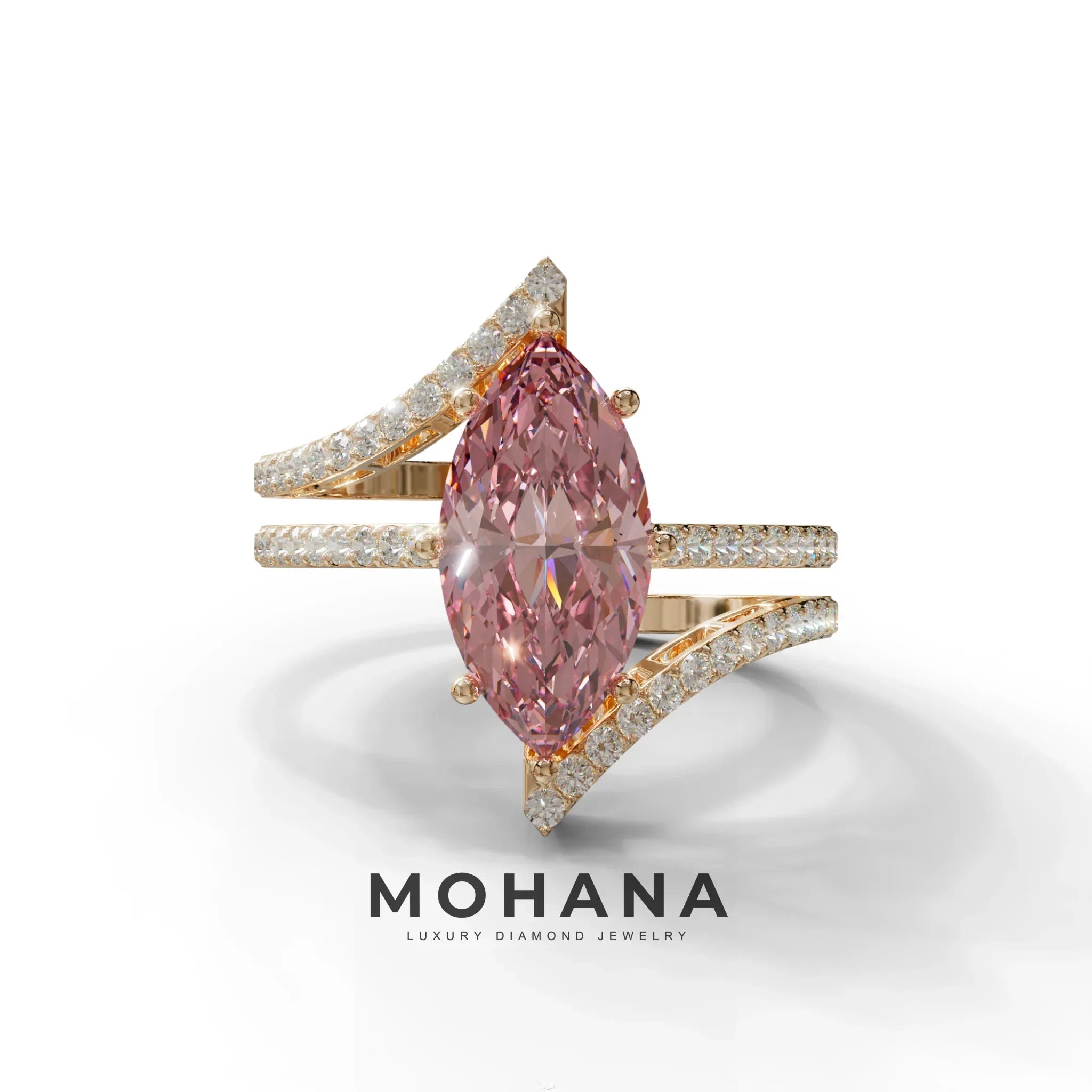 3 Carat Marquise Cut Pink Lab Diamond Ring with Double Pave Setting - 10K Solid Gold / Rose Gold