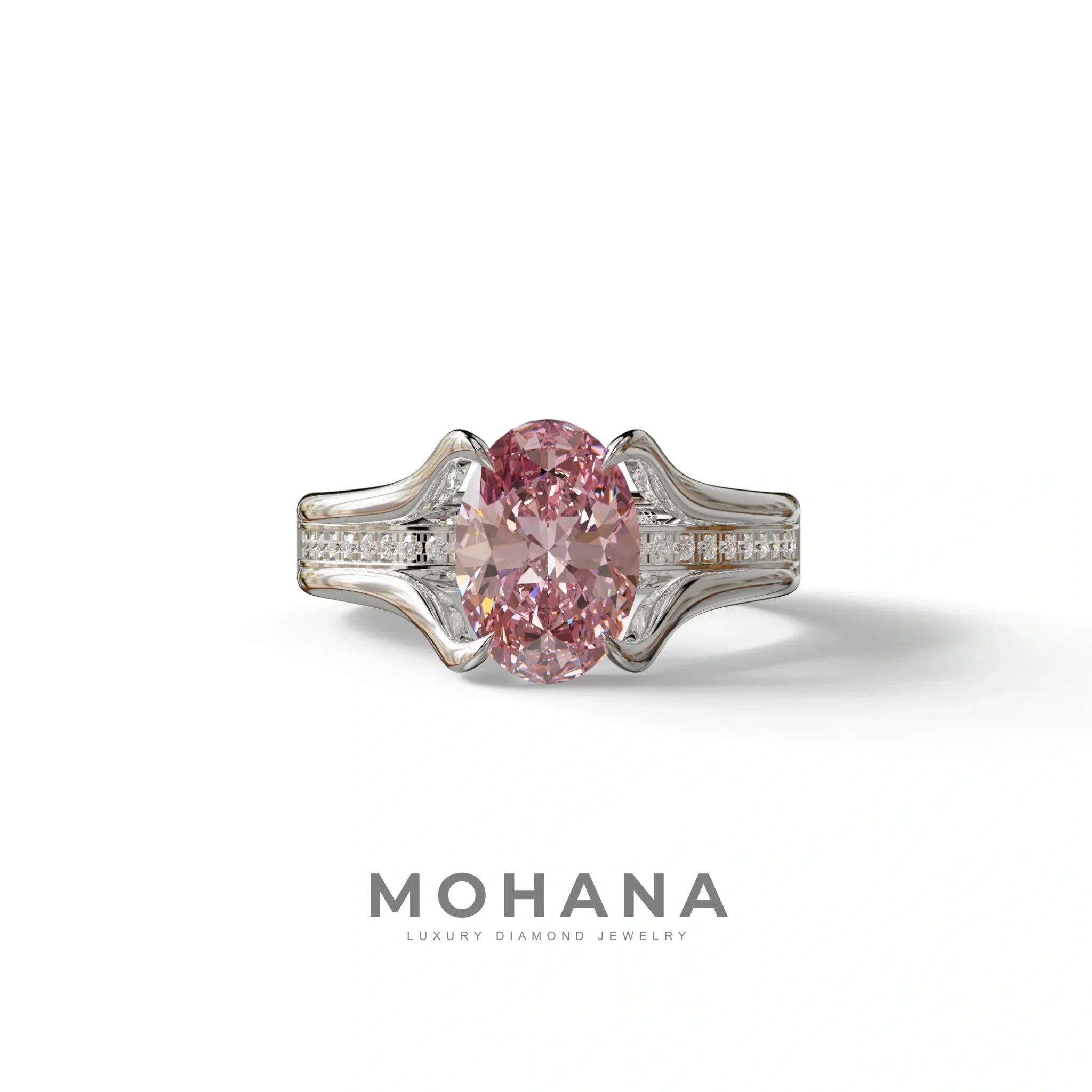 3 Carat Fancy Vivid Pink Oval Lab Grown Diamond Engagement Ring – Beverly - 10K Solid Gold / White Gold
