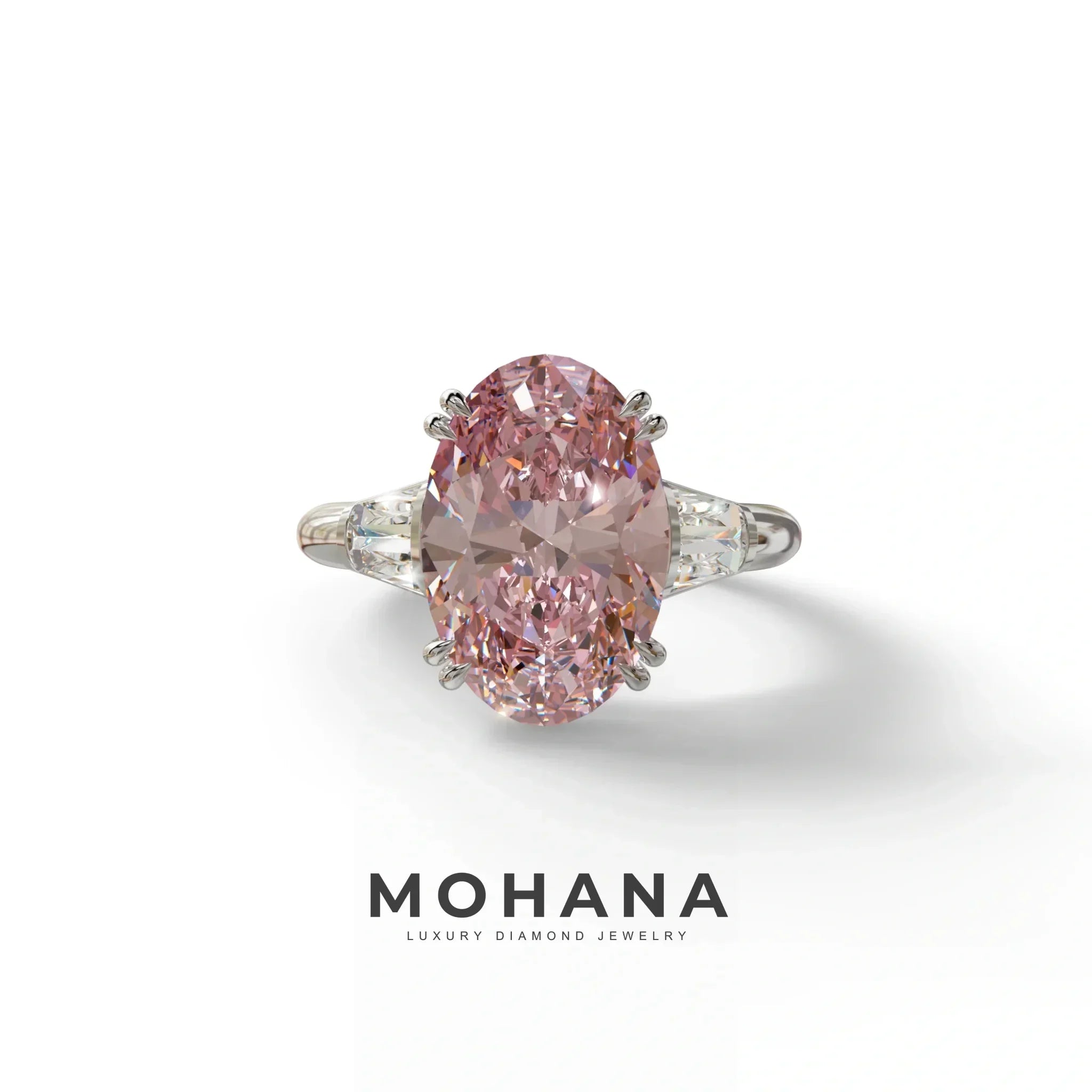 3 Carat Pink Oval & Baguette Lab Diamond Ring - Persi - 10K Solid Gold / White Gold