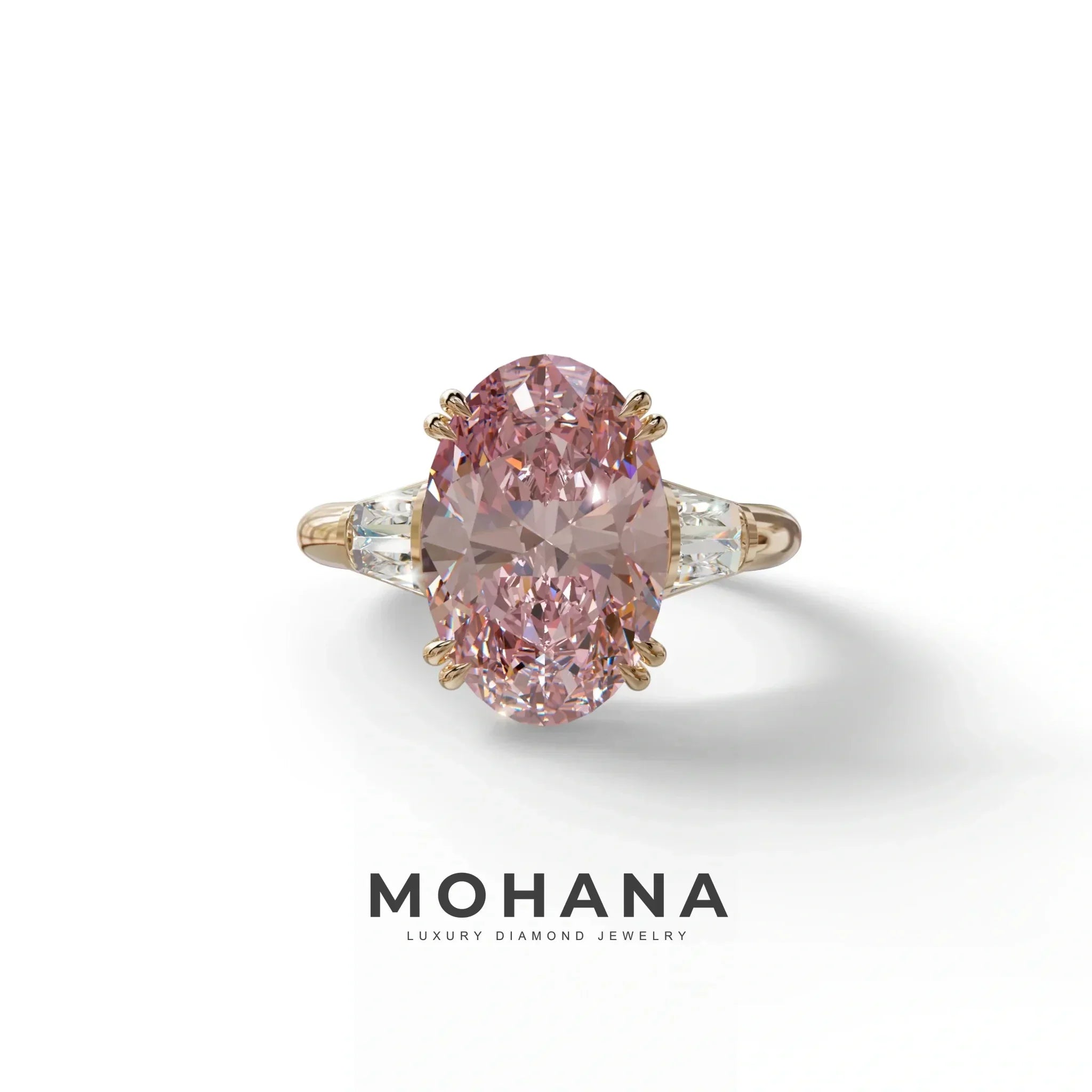 3 Carat Pink Oval & Baguette Lab Diamond Ring - Persi - 10K Solid Gold / Rose Gold