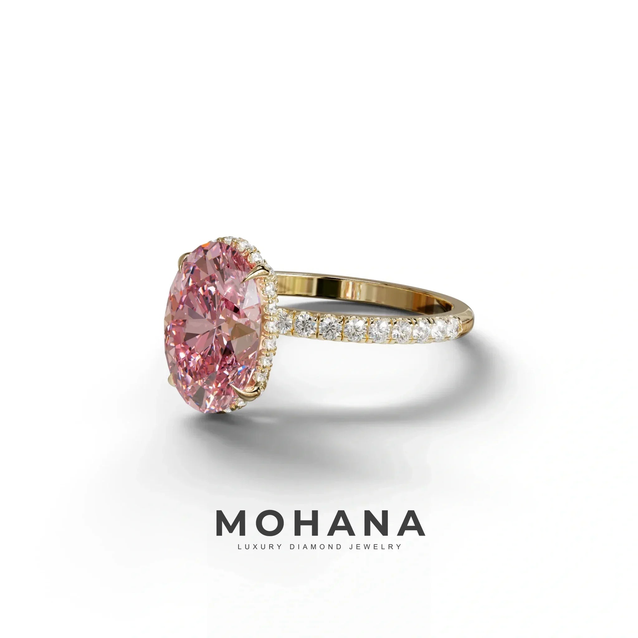 3 Carat Pink Oval Cut Hidden Halo & Pave Setting Lab Grown Diamond Ring