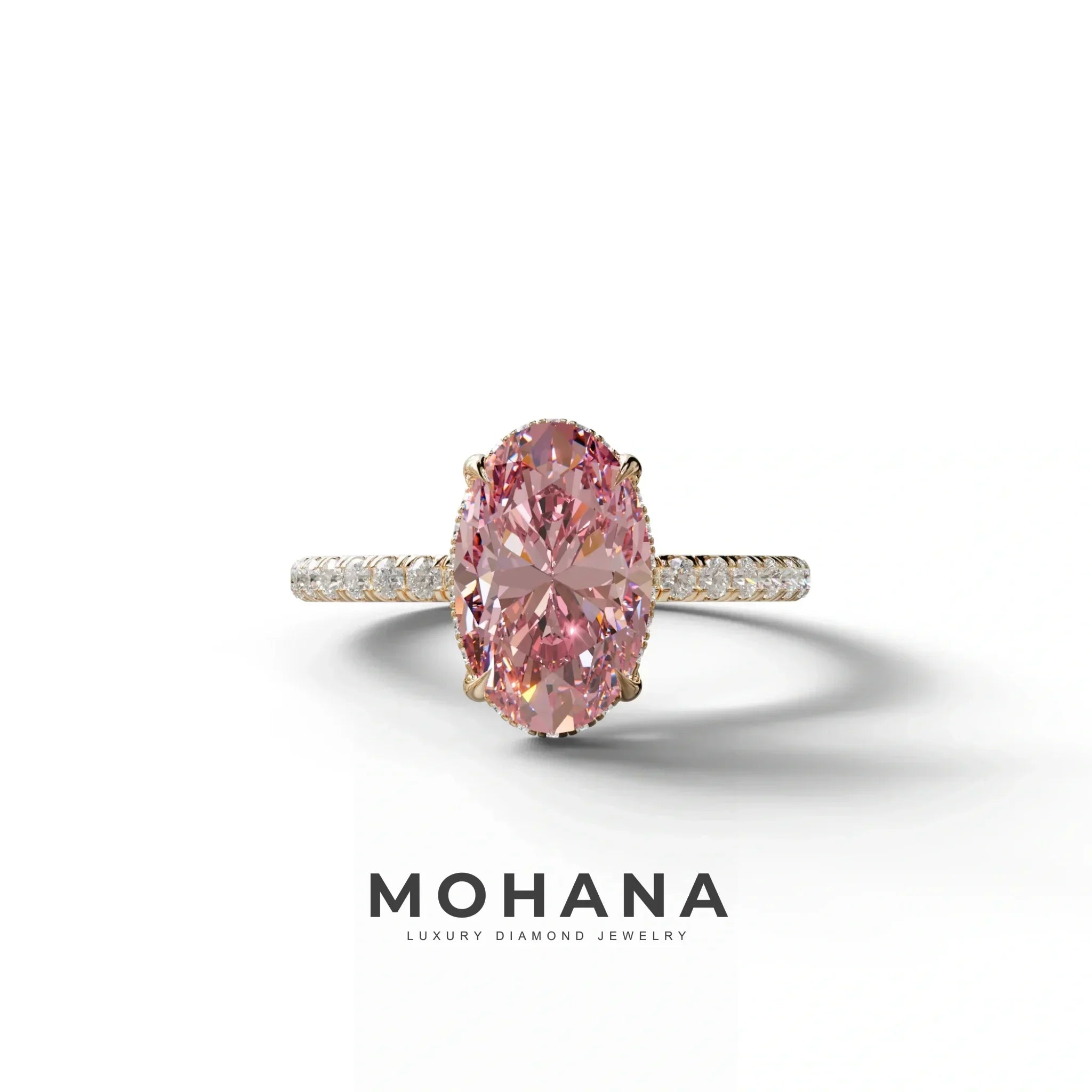 3 Carat Pink Oval Cut Hidden Halo & Pave Setting Lab Grown Diamond Ring - 10K Solid Gold / Rose Gold