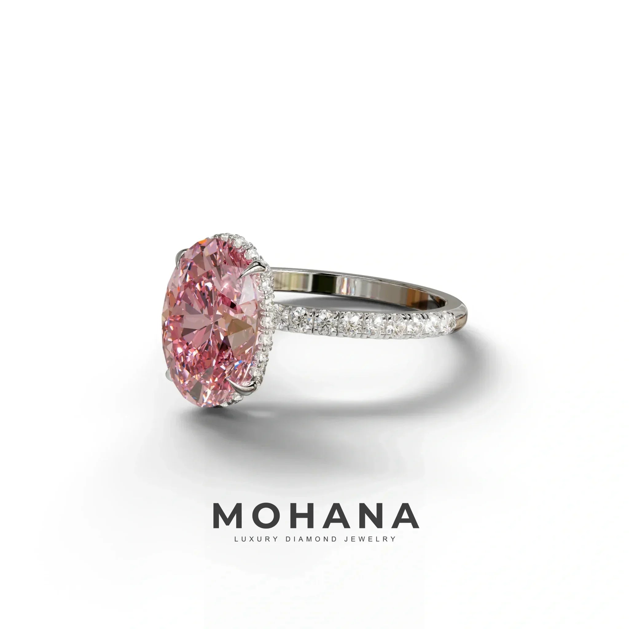 3 Carat Pink Oval Cut Hidden Halo & Pave Setting Lab Grown Diamond Ring