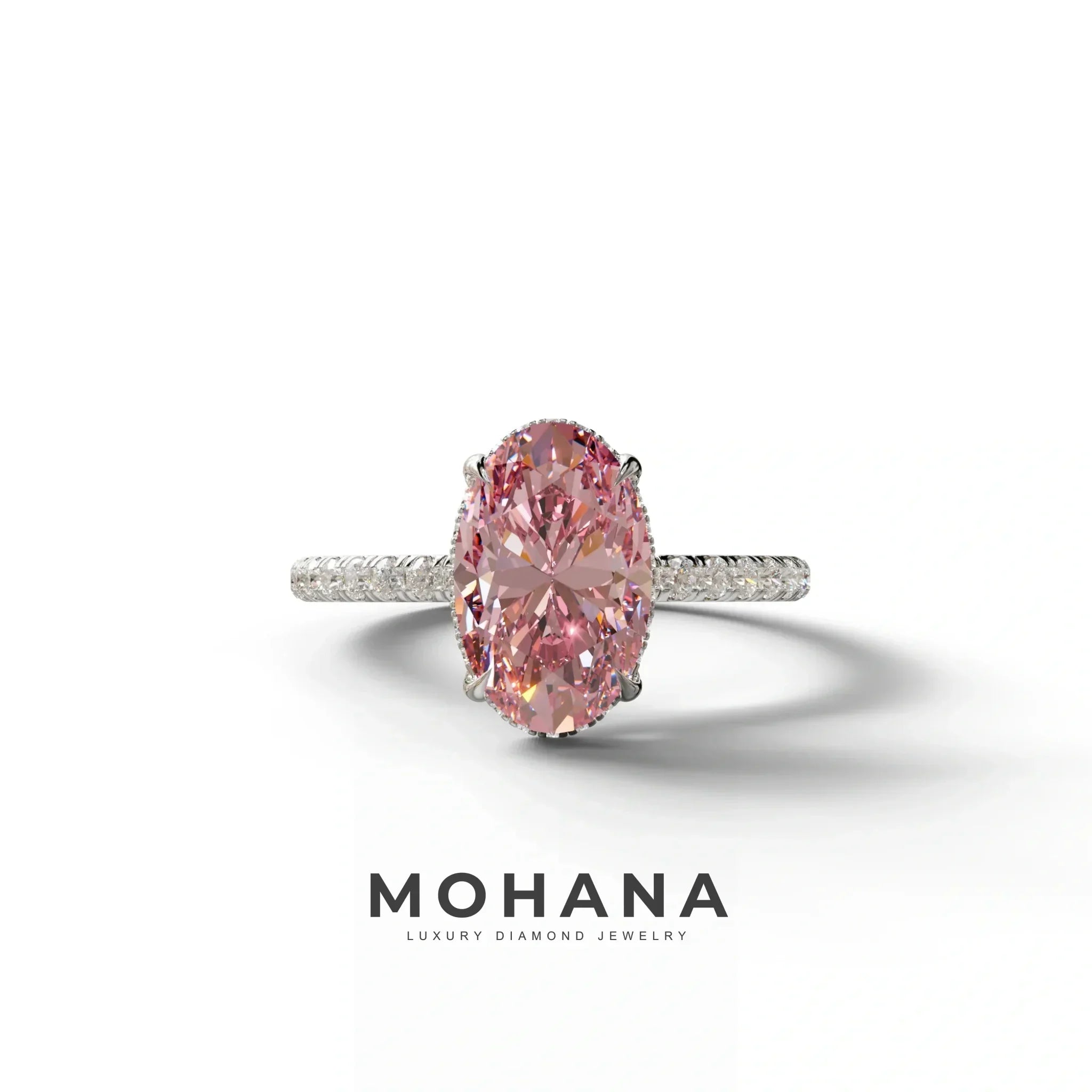 3 Carat Pink Oval Cut Hidden Halo & Pave Setting Lab Grown Diamond Ring - 10K Solid Gold / White Gold