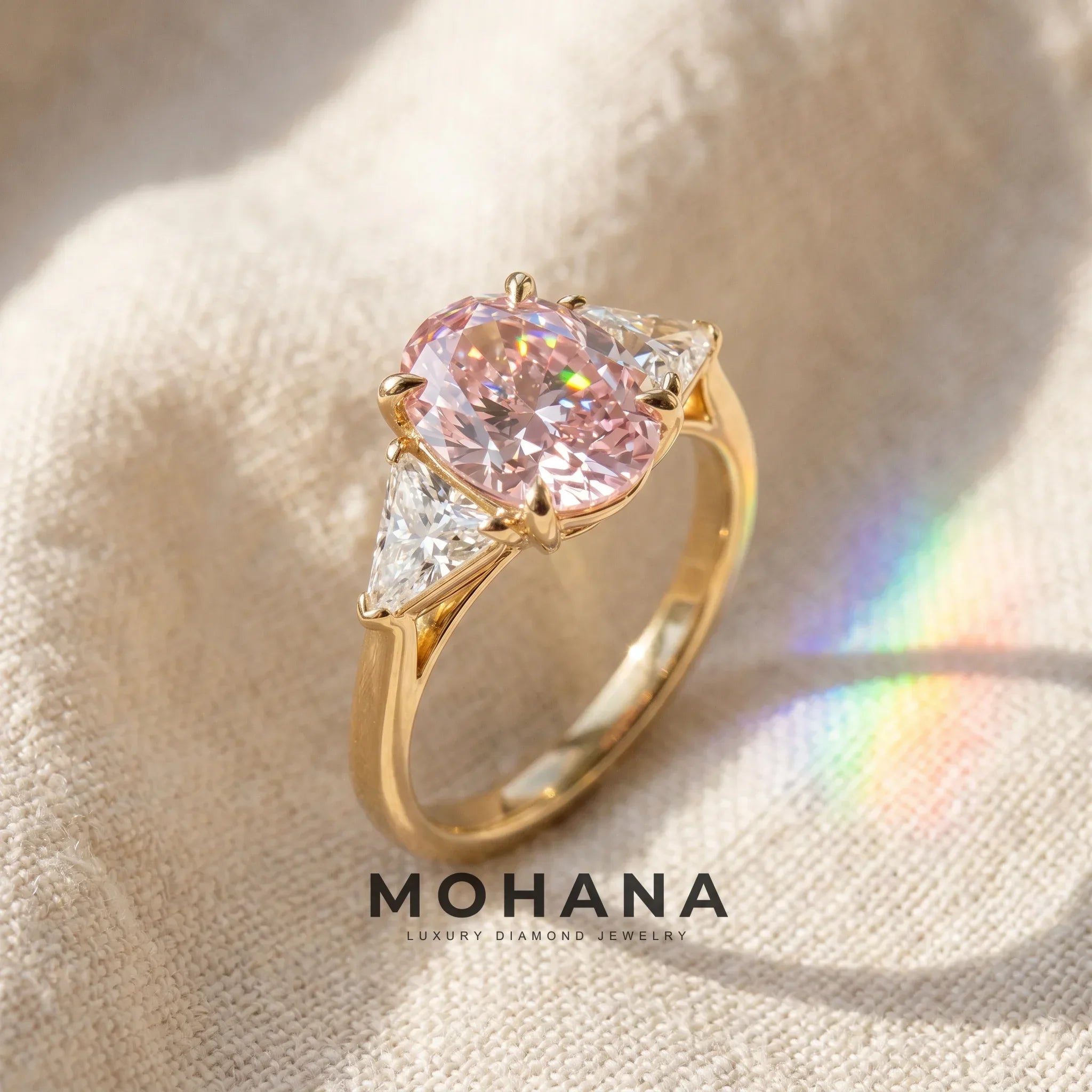 3Ct Pink Oval Cut Lab Grown Diamond Three Stone Engagement Ring - Myza