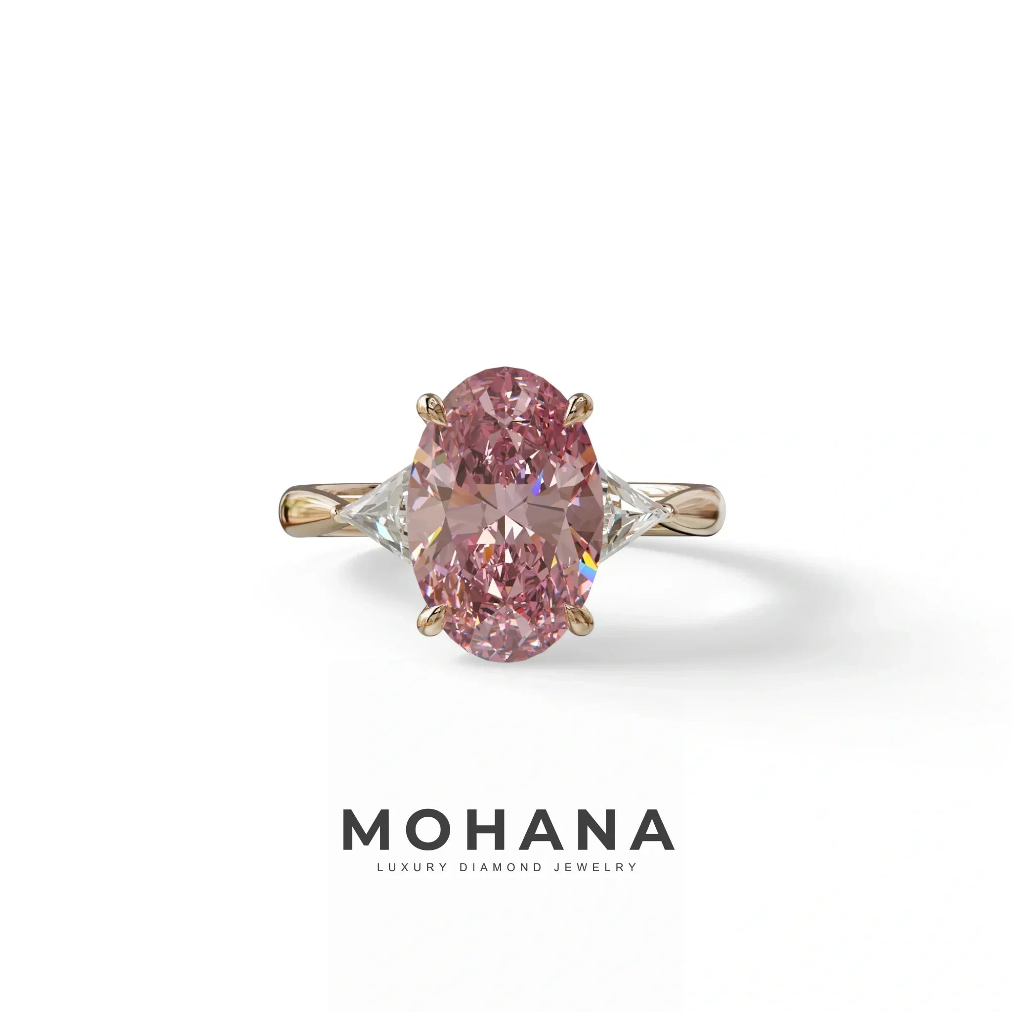 3Ct Pink Oval Cut Lab Grown Diamond Three Stone Engagement Ring - Myza - 10K Solid Gold / Rose Gold