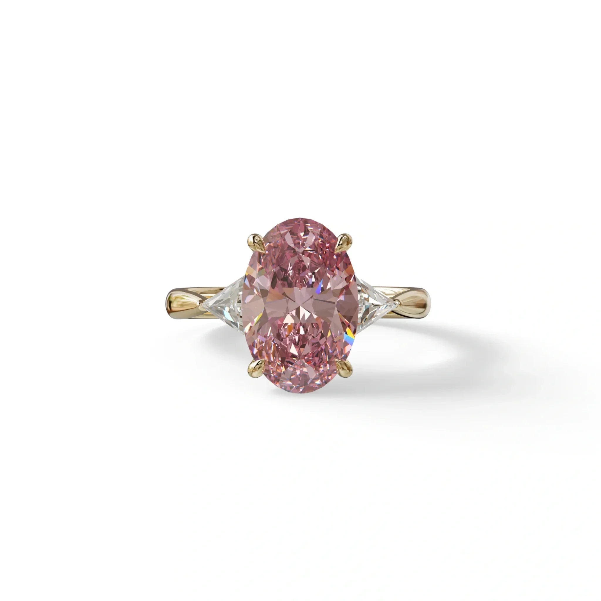3Ct Pink Oval Cut Lab Grown Diamond Three Stone Engagement Ring - Myza - 10K Solid Gold / Yellow Gold