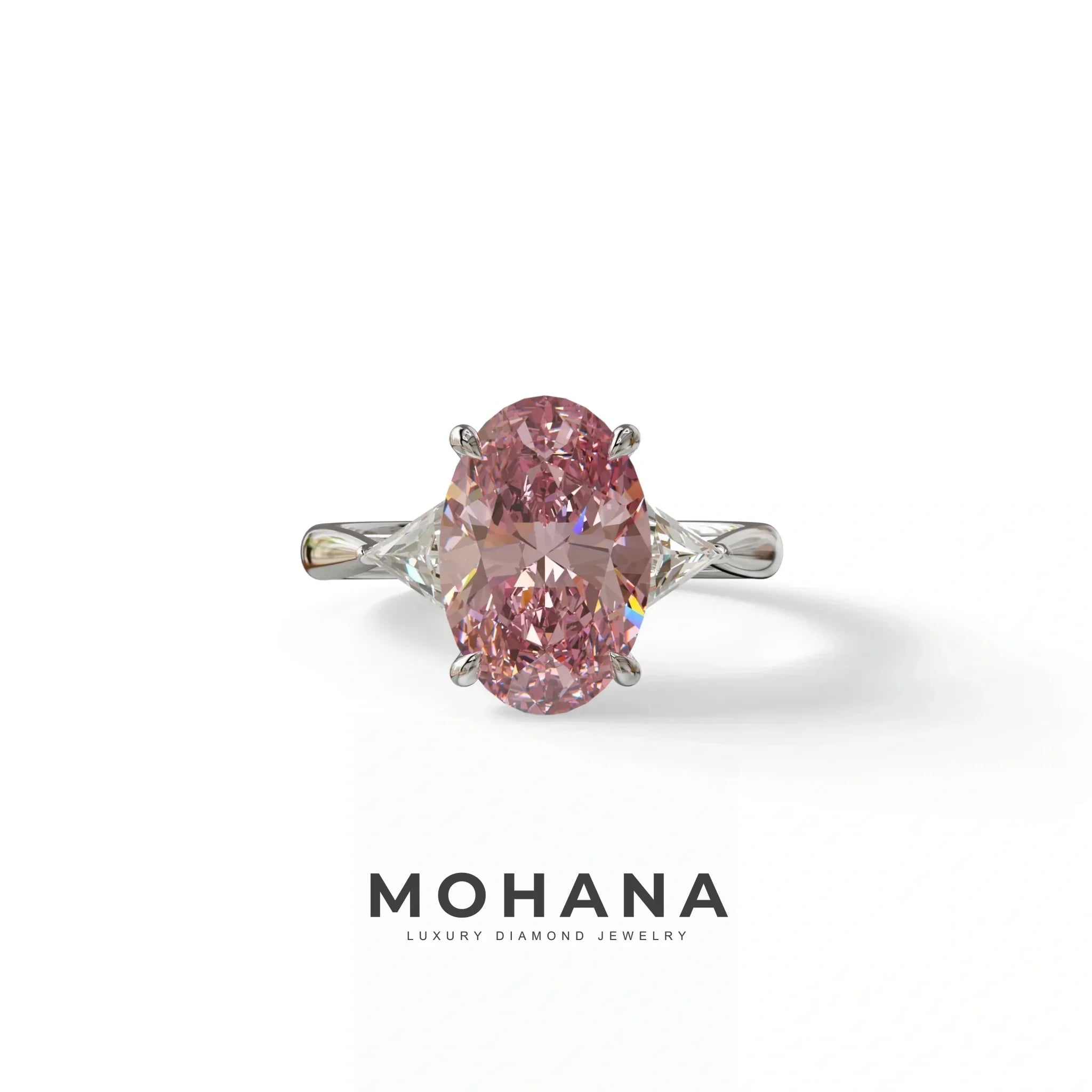 3Ct Pink Oval Cut Lab Grown Diamond Three Stone Engagement Ring - Myza - 10K Solid Gold / White Gold