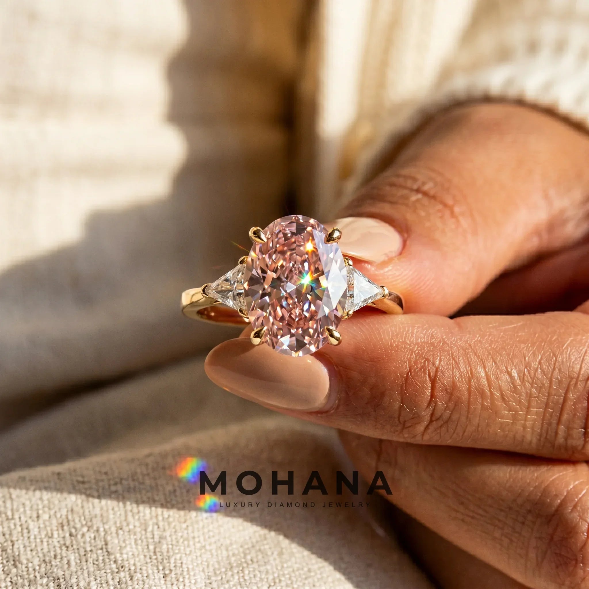 3Ct Pink Oval Cut Lab Grown Diamond Three Stone Engagement Ring - Myza