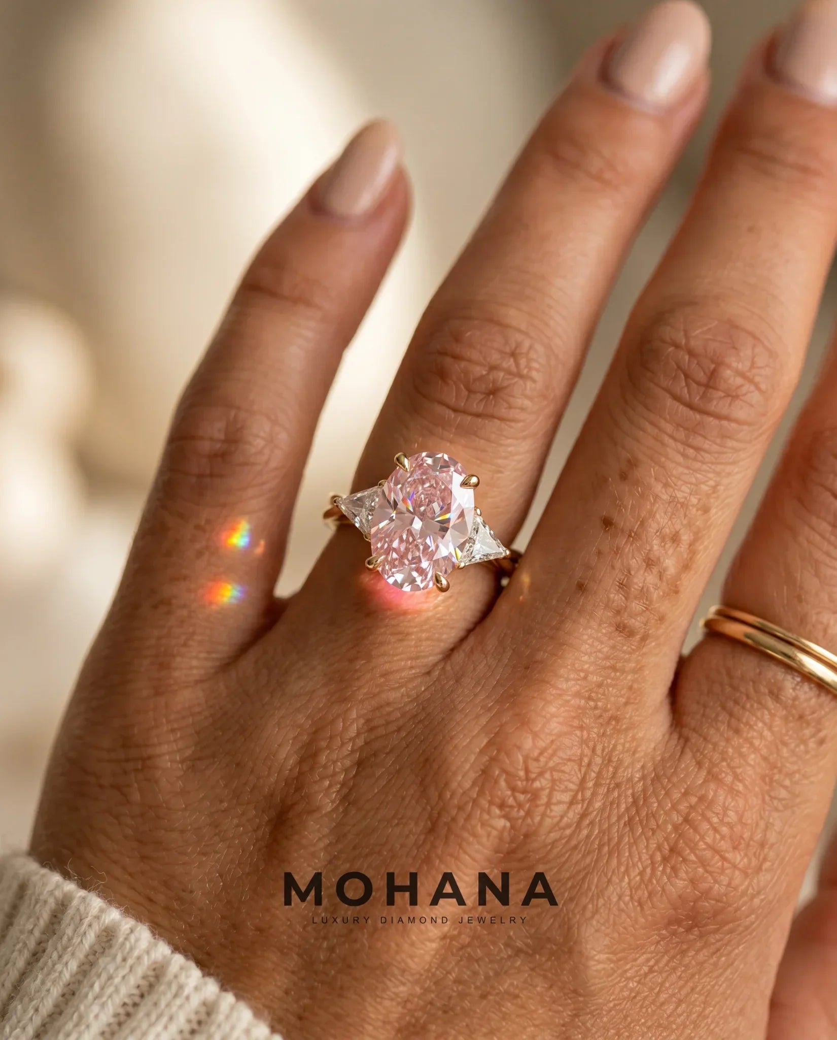 3Ct Pink Oval Cut Lab Grown Diamond Three Stone Engagement Ring - Myza