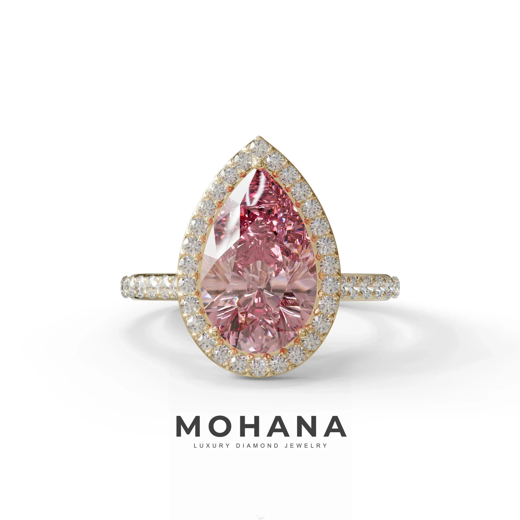 3 Carat Pink Pear Cut Halo & Pave Setting Lab Grown Diamond Ring - 10K Solid Gold / Yellow Gold