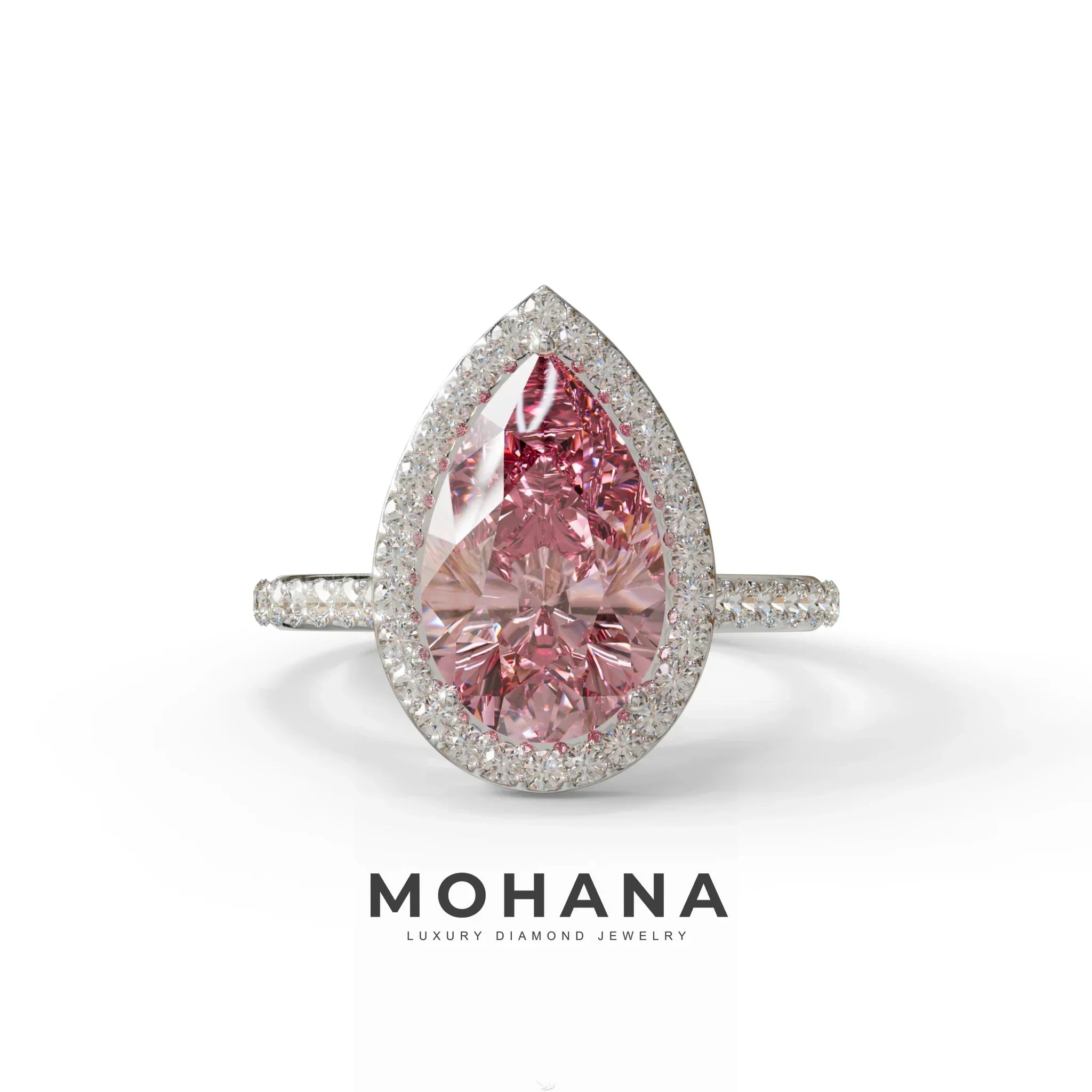 3 Carat Pink Pear Cut Halo & Pave Setting Lab Grown Diamond Ring - 10K Solid Gold / White Gold