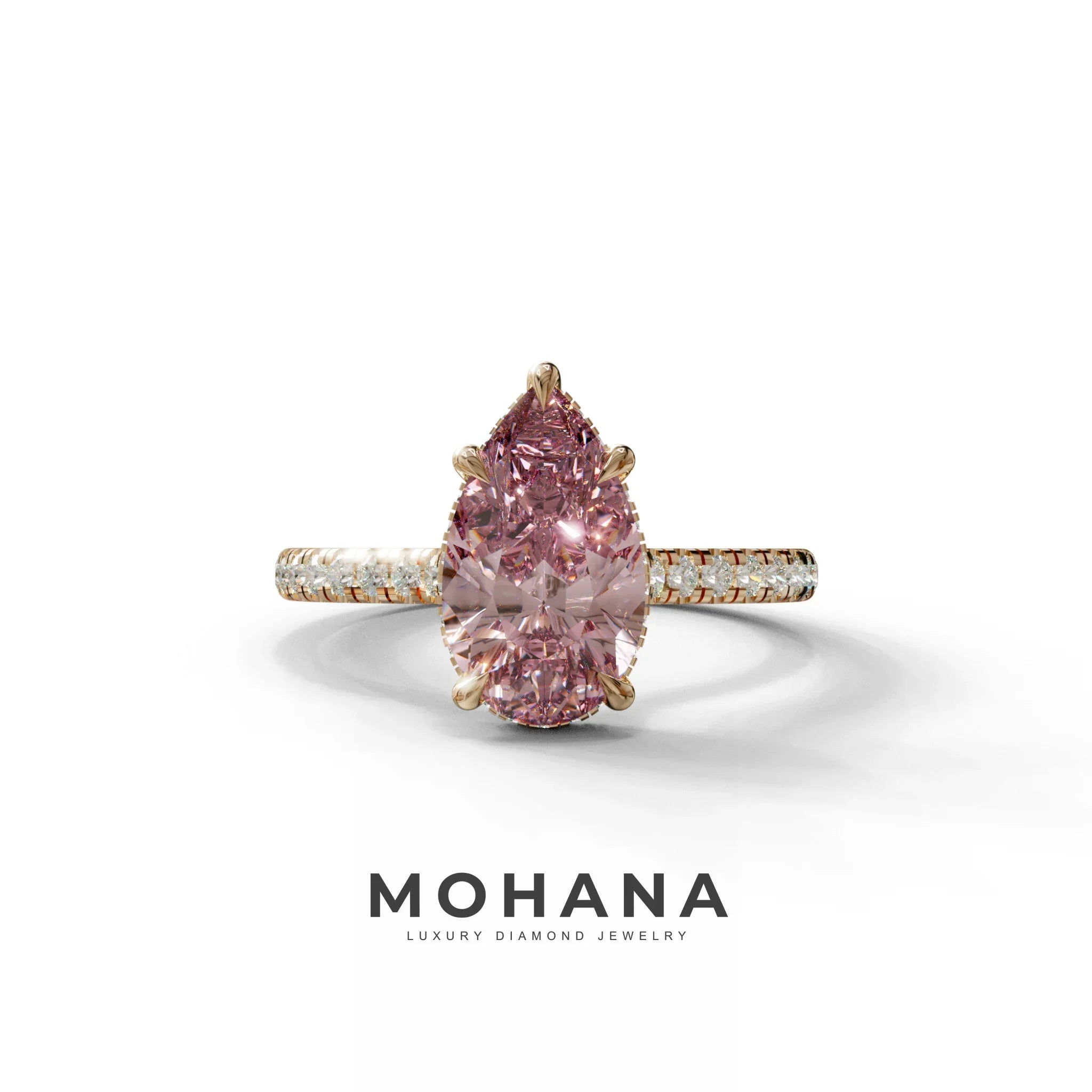 3 Carat Pink Pear Cut Hidden Halo & Pave Set Lab Diamond Ring - Eblouissant - 10K Solid Gold / Rose Gold