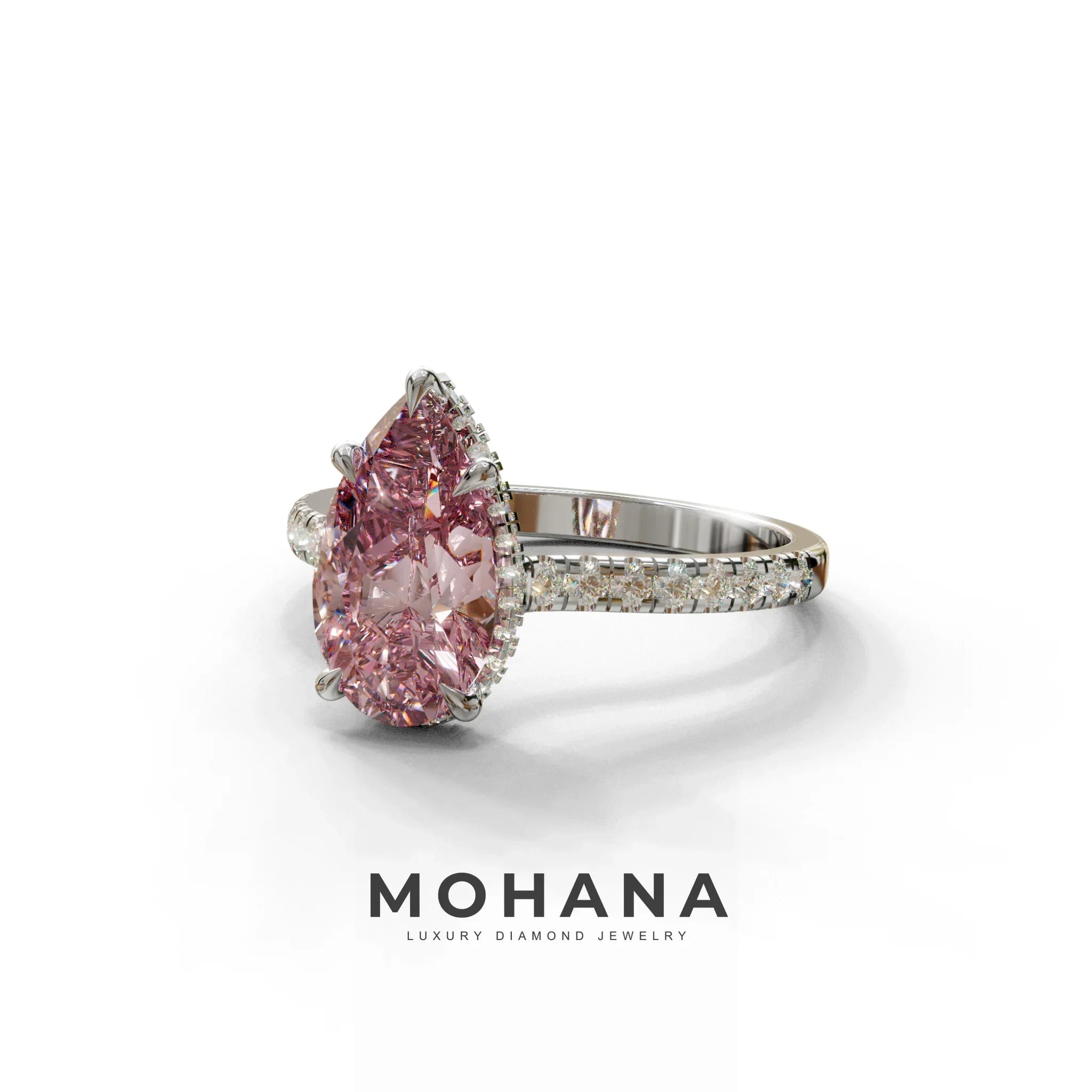 3 Carat Pink Pear Cut Hidden Halo & Pave Set Lab Diamond Ring - Eblouissant