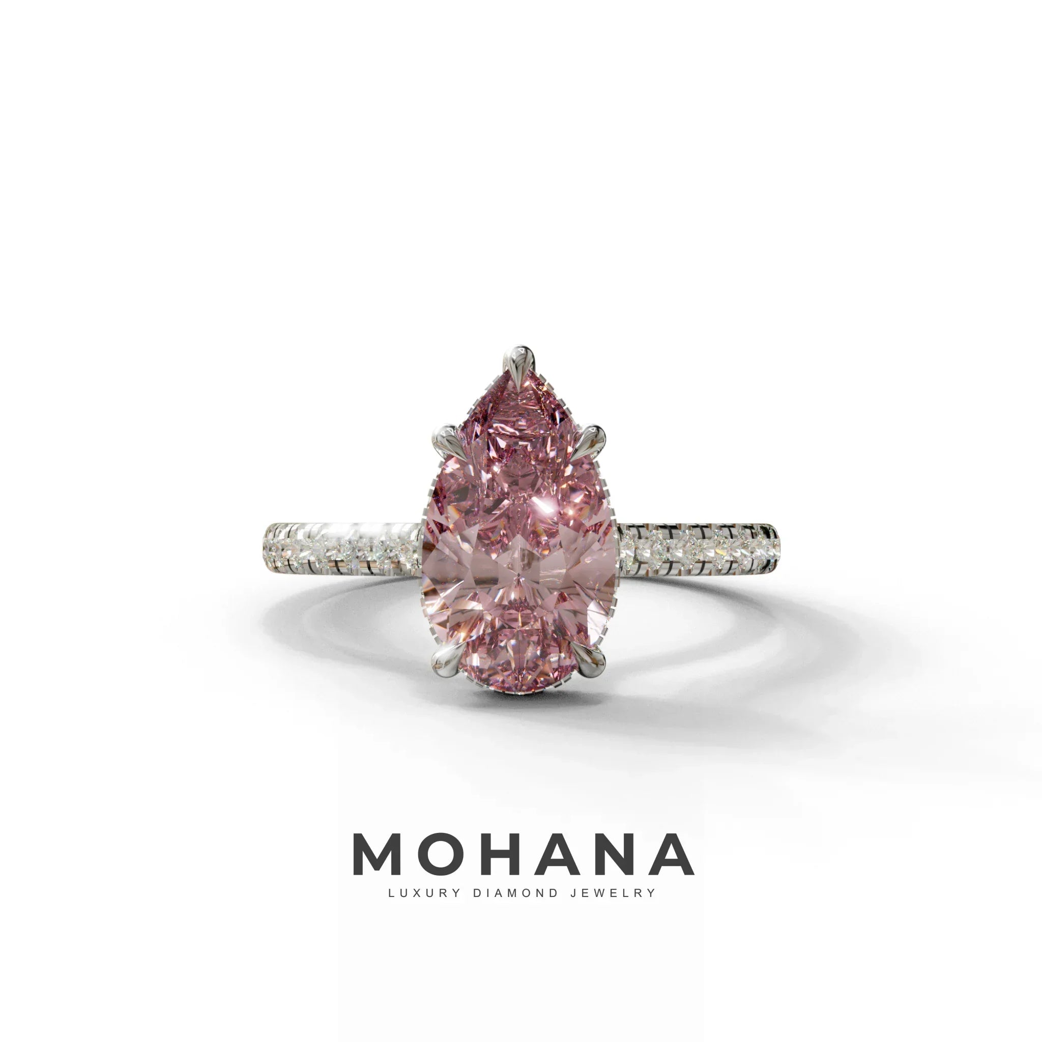 3 Carat Pink Pear Cut Hidden Halo & Pave Set Lab Diamond Ring - Eblouissant - 10K Solid Gold / White Gold