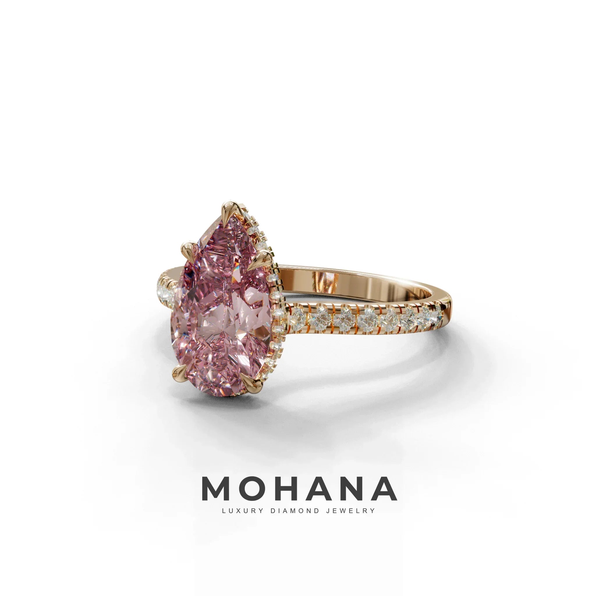 3 Carat Pink Pear Cut Hidden Halo & Pave Set Lab Diamond Ring - Eblouissant